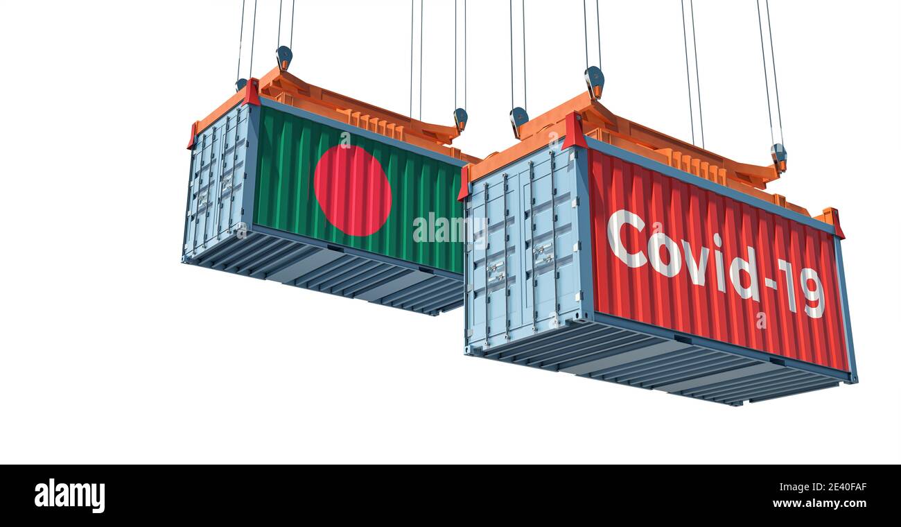 Container with Coronavirus Covid-19 text on the side and container with Bangladesh Flag. Vaccine distribution. 3D Rendering Stock Photo