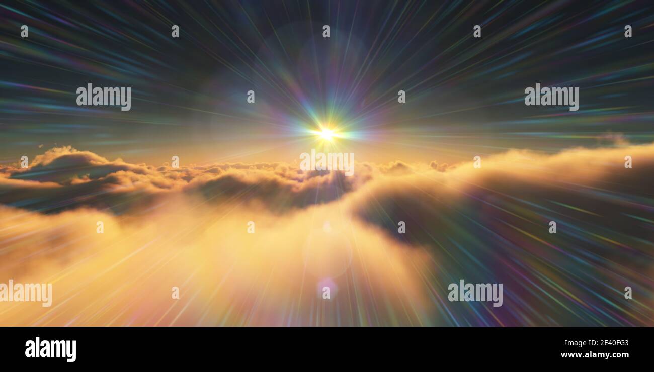 above clouds sunrise sun ray illustration, 3d rendering Stock Photo - Alamy