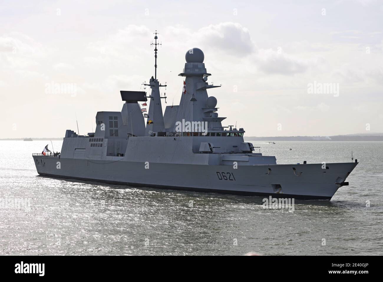 The French Marine Nationale frigate FS CHEVALIER PAUL arriving at the Naval Base. The Horizon class vessel is making a five day visit to the port Stock Photo