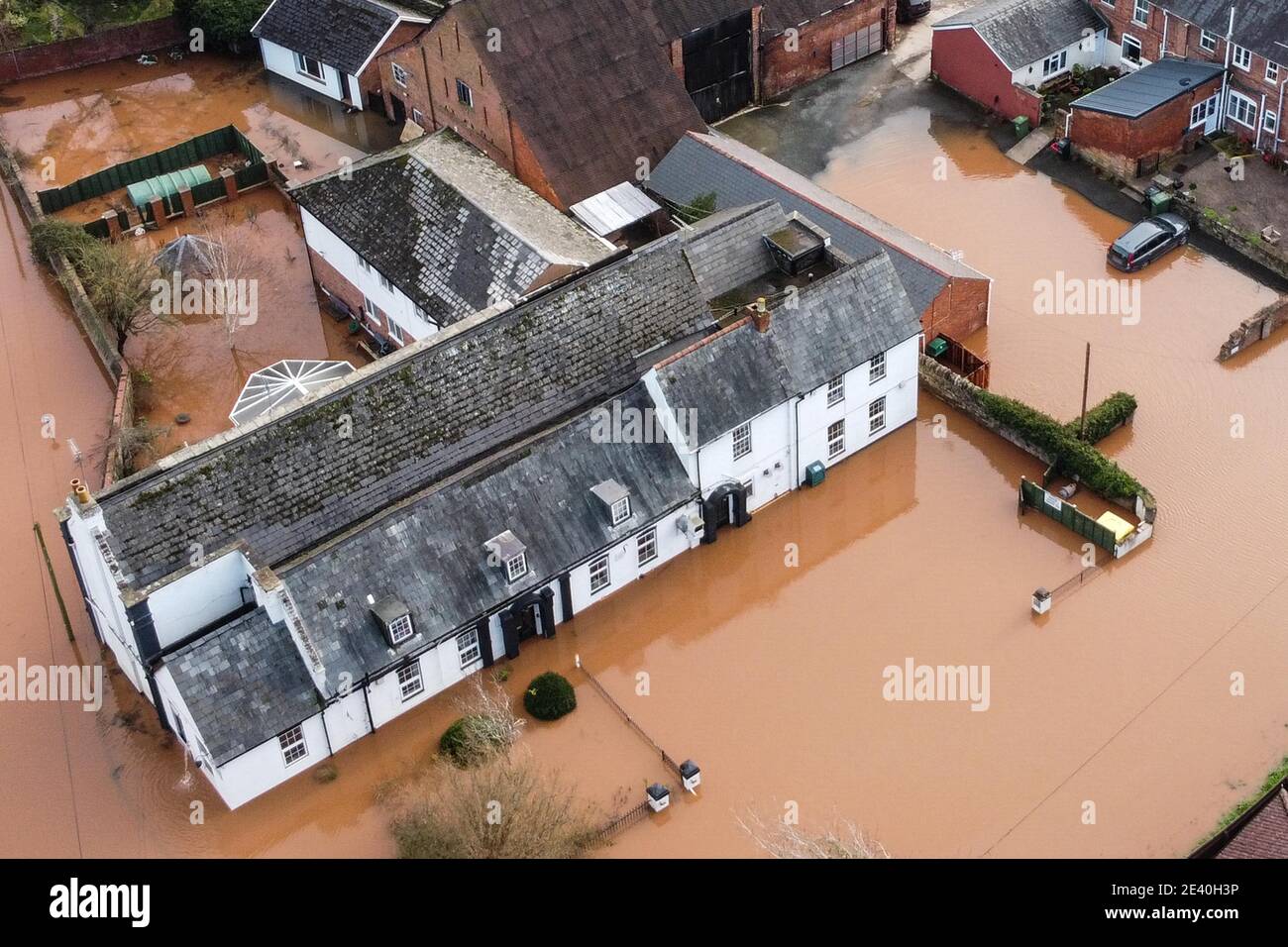 Hereford, Herefordshire, UK. 21st Jan, 2021. Flooding hit parts of Hereford today after Storm Christoph brought heavy rain to the region. The River Wye burst its banks completely flooding Home Lacy Road with only a Kayaker being able to negotiate the road turned river. Pic by Credit: Sam Holiday/Alamy Live News Stock Photo