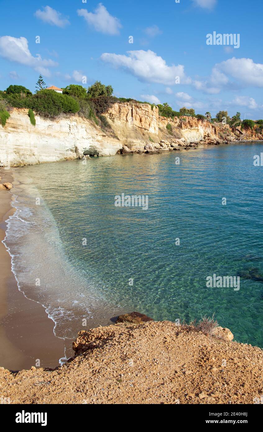Saradari Beach with vivid blue colors water and yellow sand in Crete Island Stock Photo