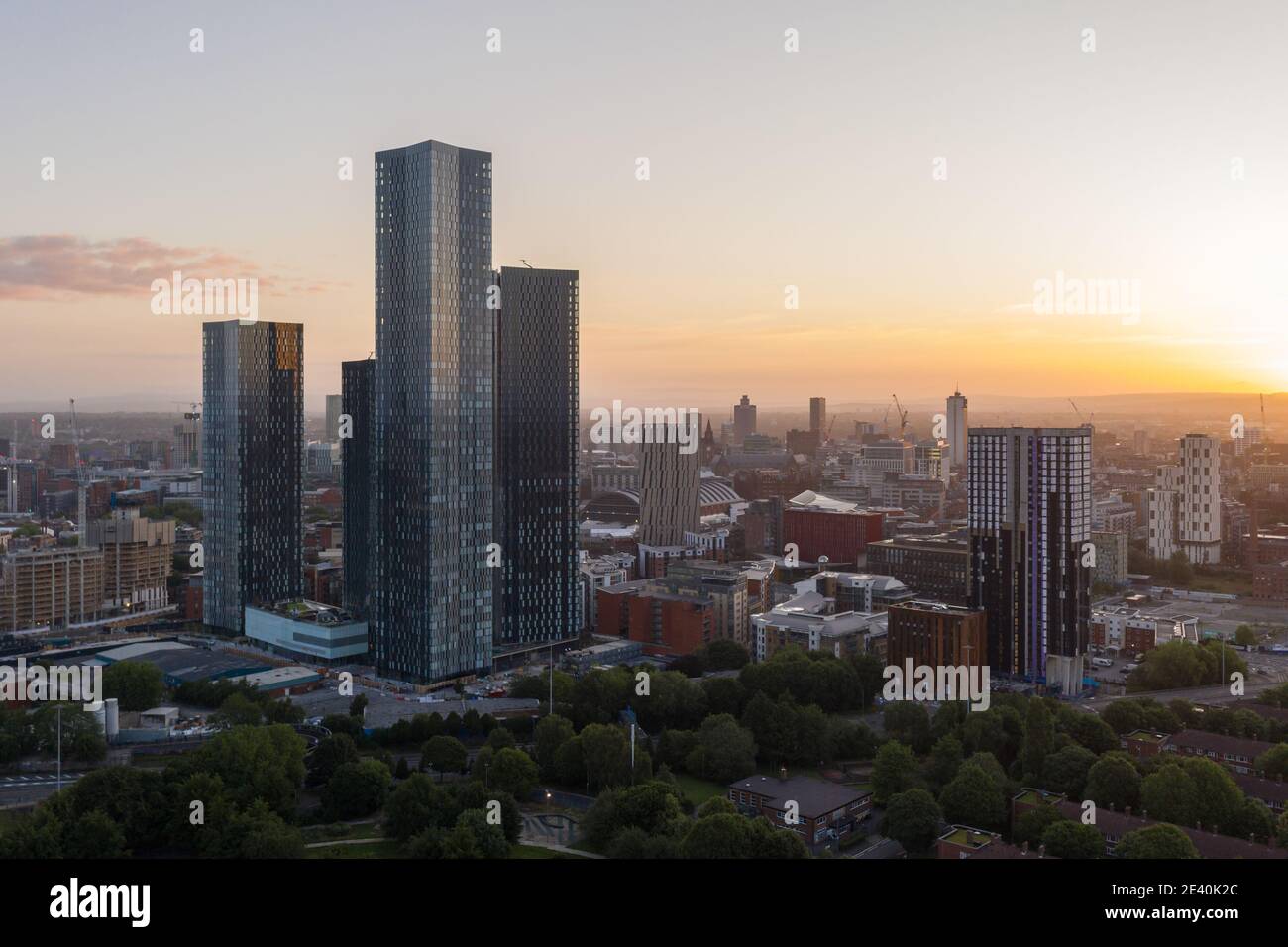 Aerial View of Deansgate Towers at sunrise Stock Photo
