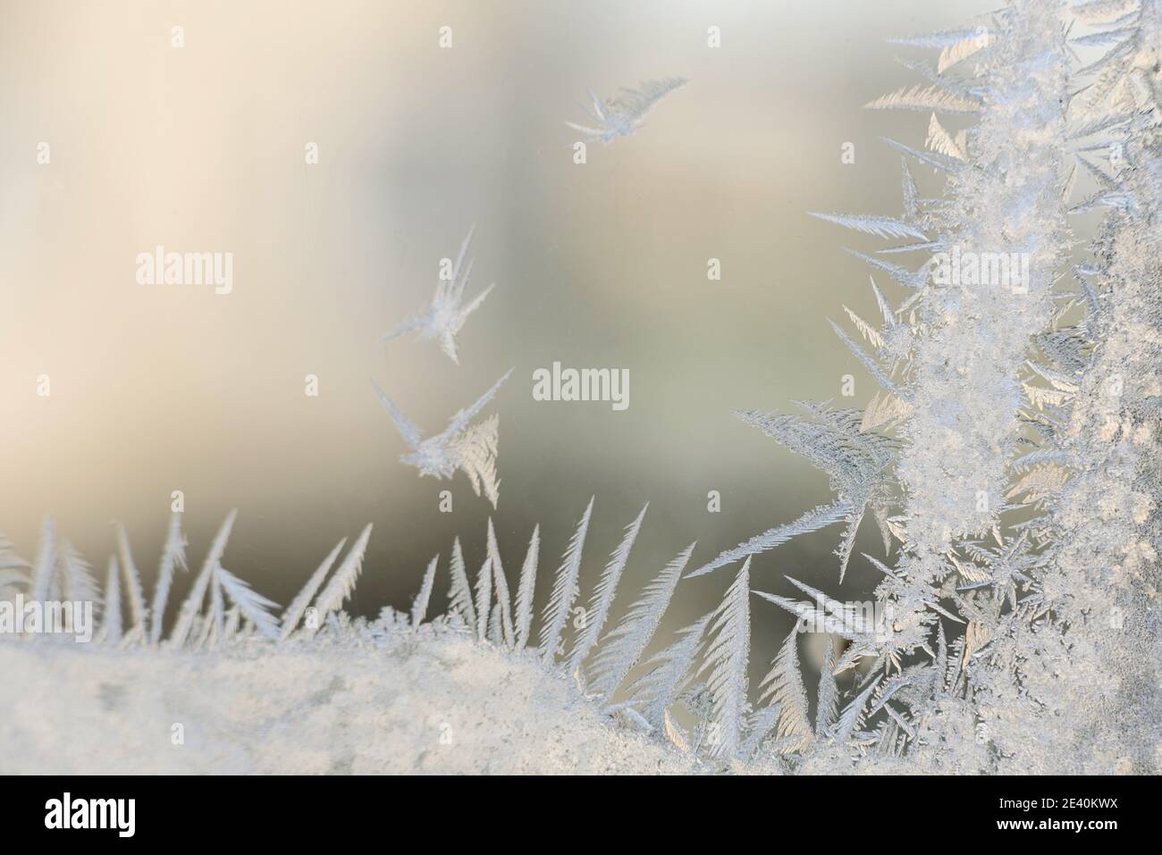 Frost patterns on the glass of the winter window in freezing cold ...