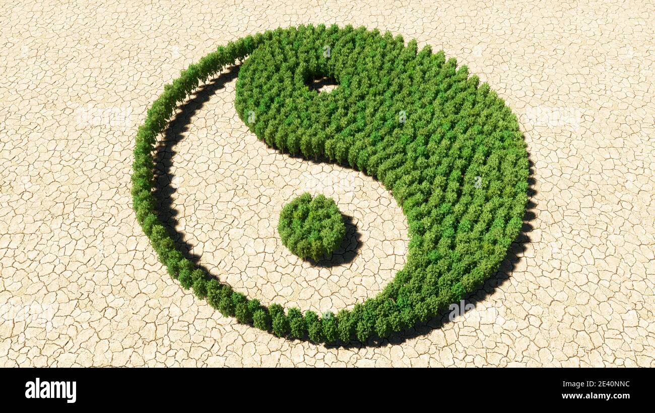 Concept or conceptual group of green forest tree on dry ground background as sign of chinese symbol of Yin-Yang, opposing and complementary. Stock Photo