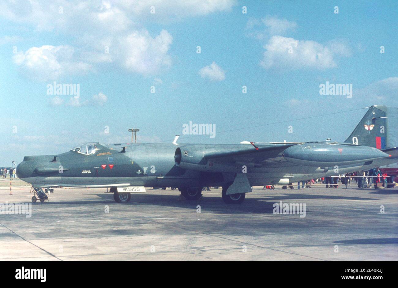 1975 RAF Finningley air display airshow 1975. An English Electric Canberra WD955 on static display. It is designated as English Electric Canberra T17A, WD955 / 71037, Royal Air Force .The photo is taken 20 Sep 1975 at an air show at  RAF Finningley airfield Doncaster South Yorkshire England UK GB Europe Stock Photo