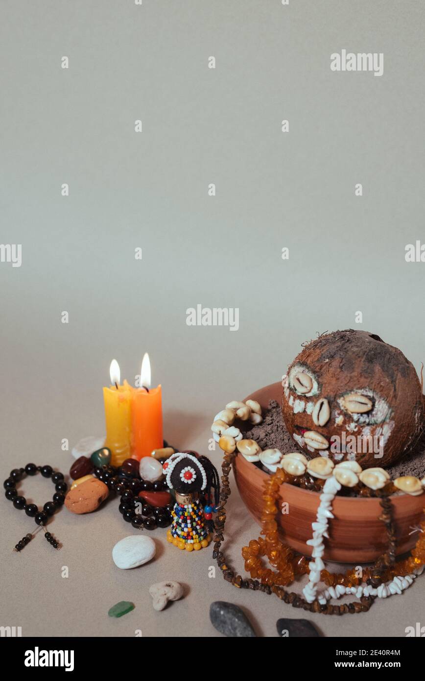 Occult altar for African Gods. Shamanism occult tone. Stock Photo