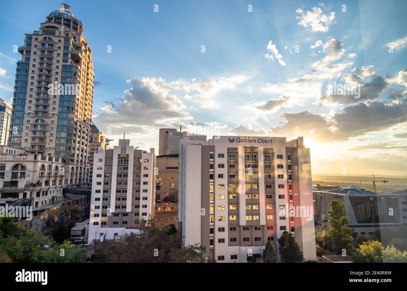 Johannesburg, South Africa - 19th November 2020: Cityscape in evening light with view towards city offices. Stock Photo
