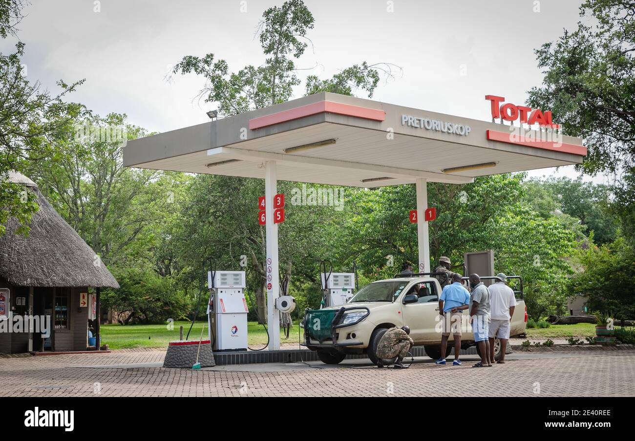Nelspruit, South Africa - 11th January 2021: Fuelling station inside national park rest camp. Stock Photo