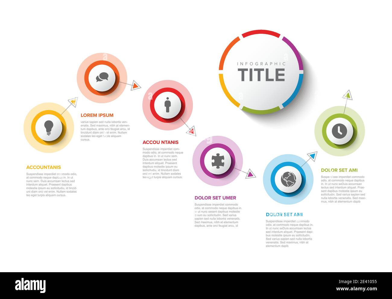 Vector light progress steps template with descriptions, icons and circles Stock Vector