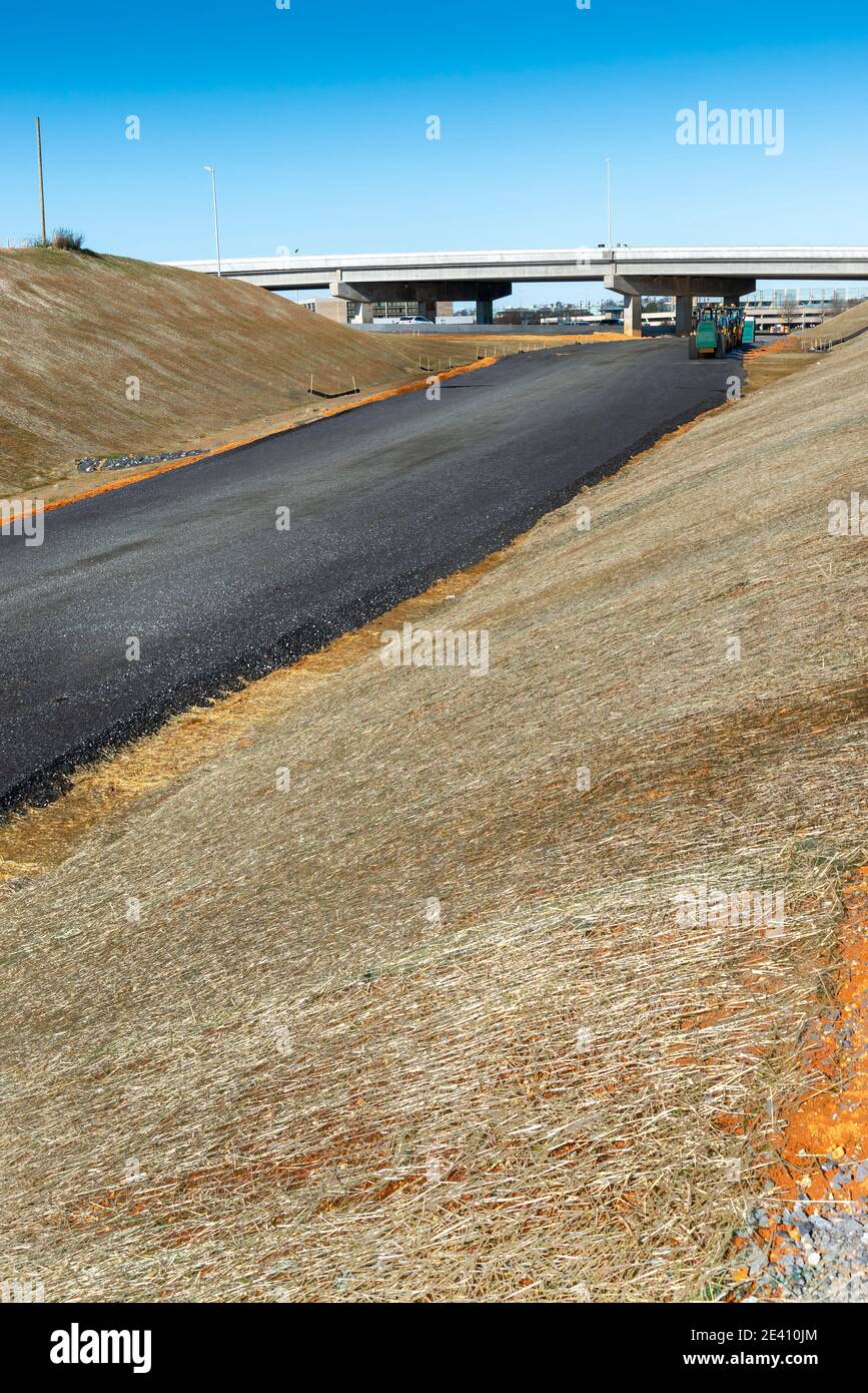 Vertical shot of a new access road on a Tennessee highway under construction. Stock Photo