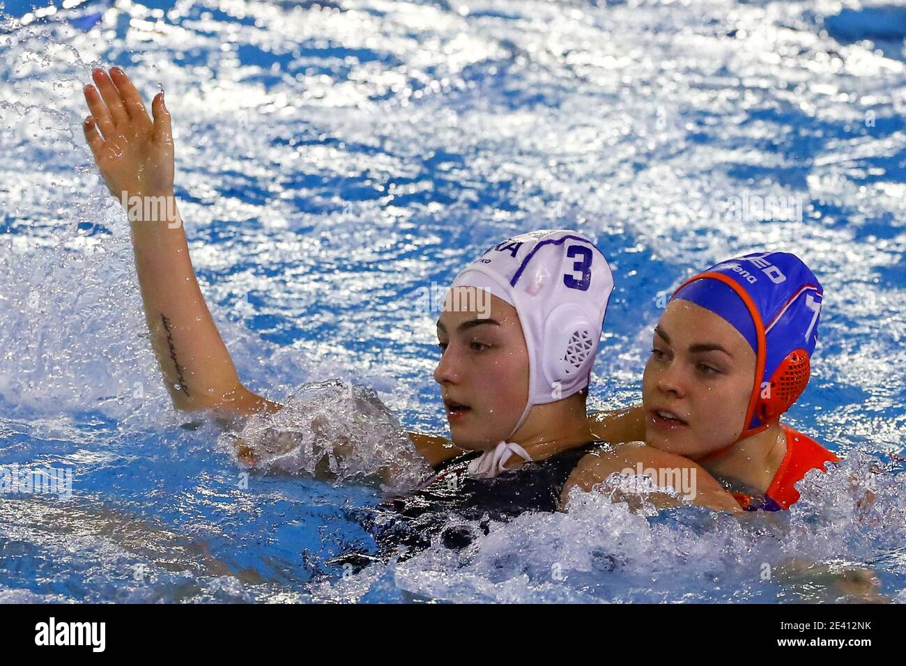 TRIESTE, ITALY - JANUARY 21: Gabrielle Marie, Bente Rogge of Netherlands during the match between France and The Netherlands at Women's Water Polo Oly Stock Photo