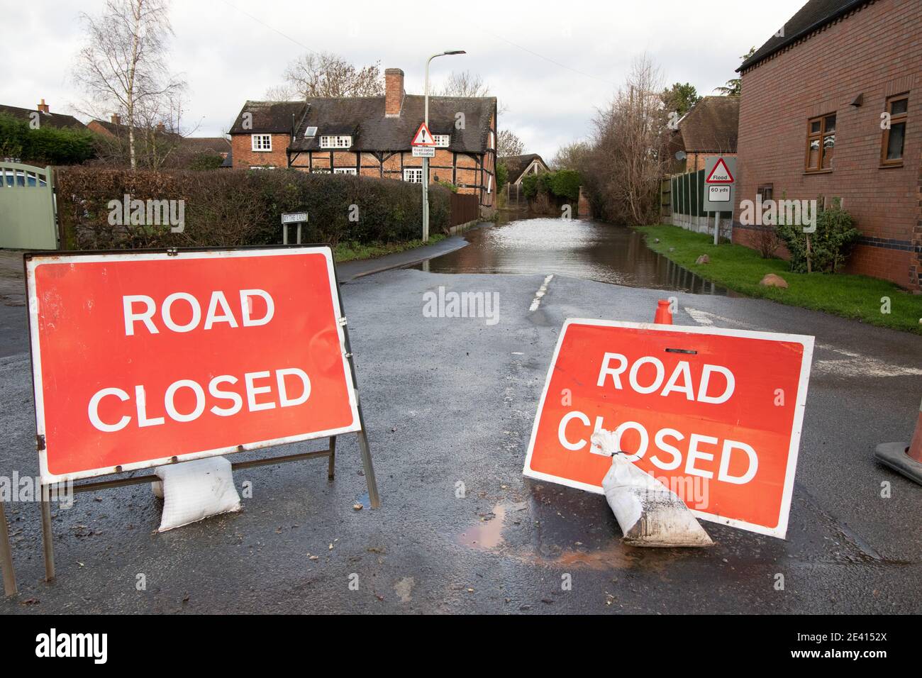 Mythe Lane, Witherley, Leicestershire, after storm Christoph lead to severe flooding. The lane leading to the small village of Witherley is made completely impassable. Stock Photo