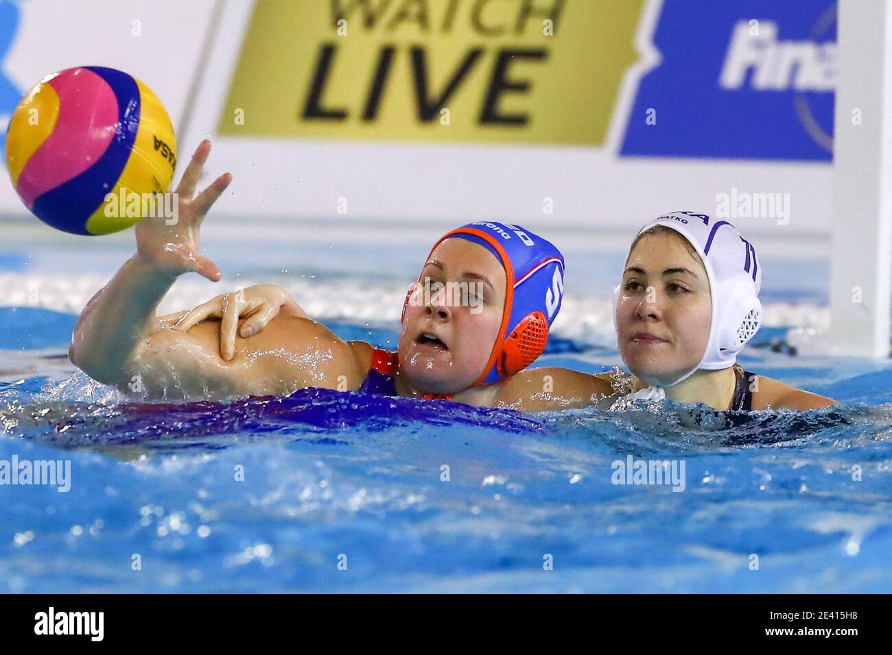 Trieste, Italy. 21st Jan, 2021. TRIESTE, ITALY - JANUARY 21: Iris Wolves of Netherlands, Yaelle Deschampt of France during the match between France and The Netherlands at Women's Water Polo Olympic Games Qualification Tournament at Bruno Bianchi Aquatic Center on January 21, 2021 in Trieste, Italy (Photo by Marcel ter Bals/Orange Pictures/Alamy Live News) Stock Photo