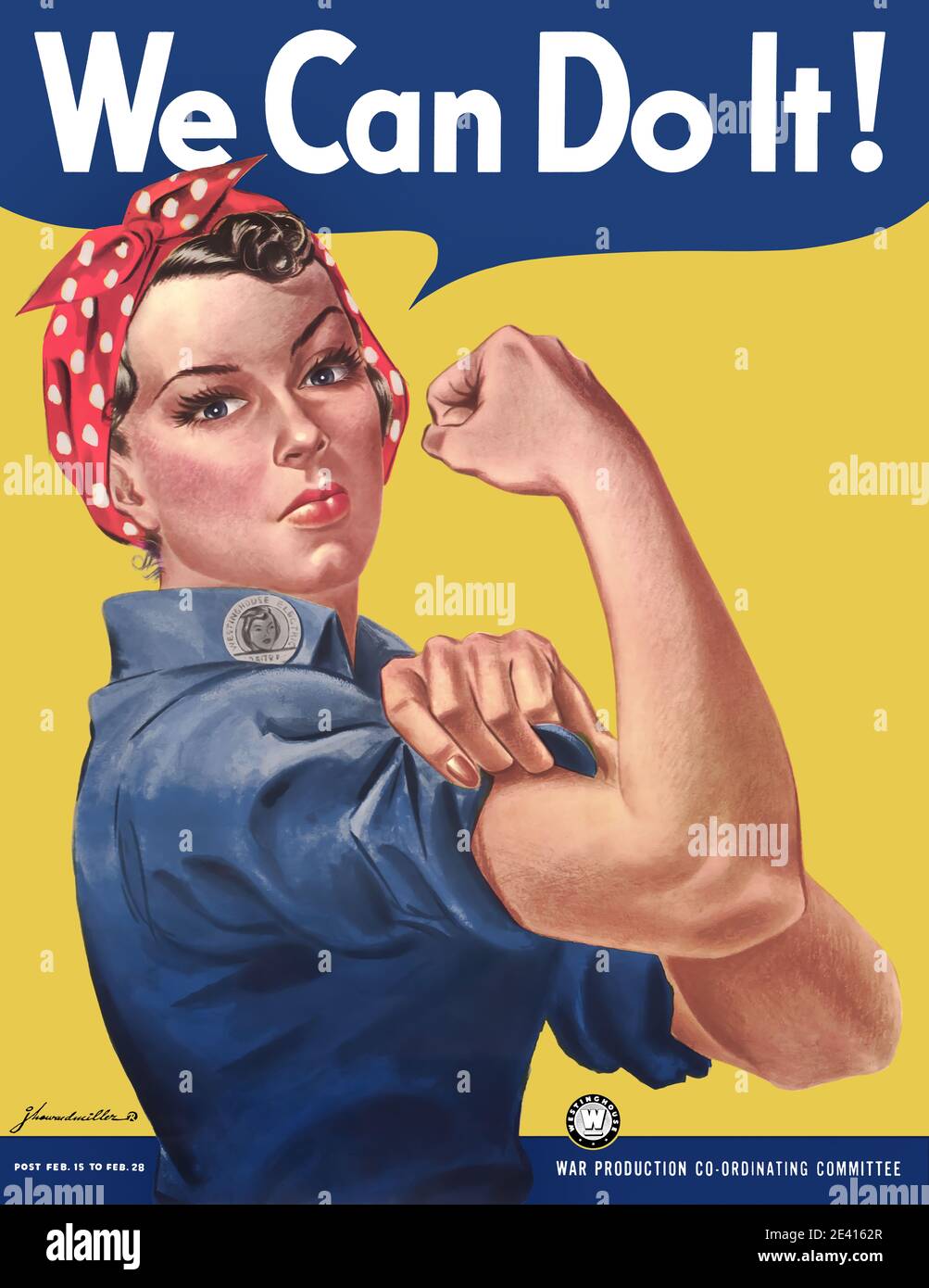 Rosie the Riveter American media icon associated with female defense workers during World War II.  Women workforce symbol we can do it poster Stock Photo