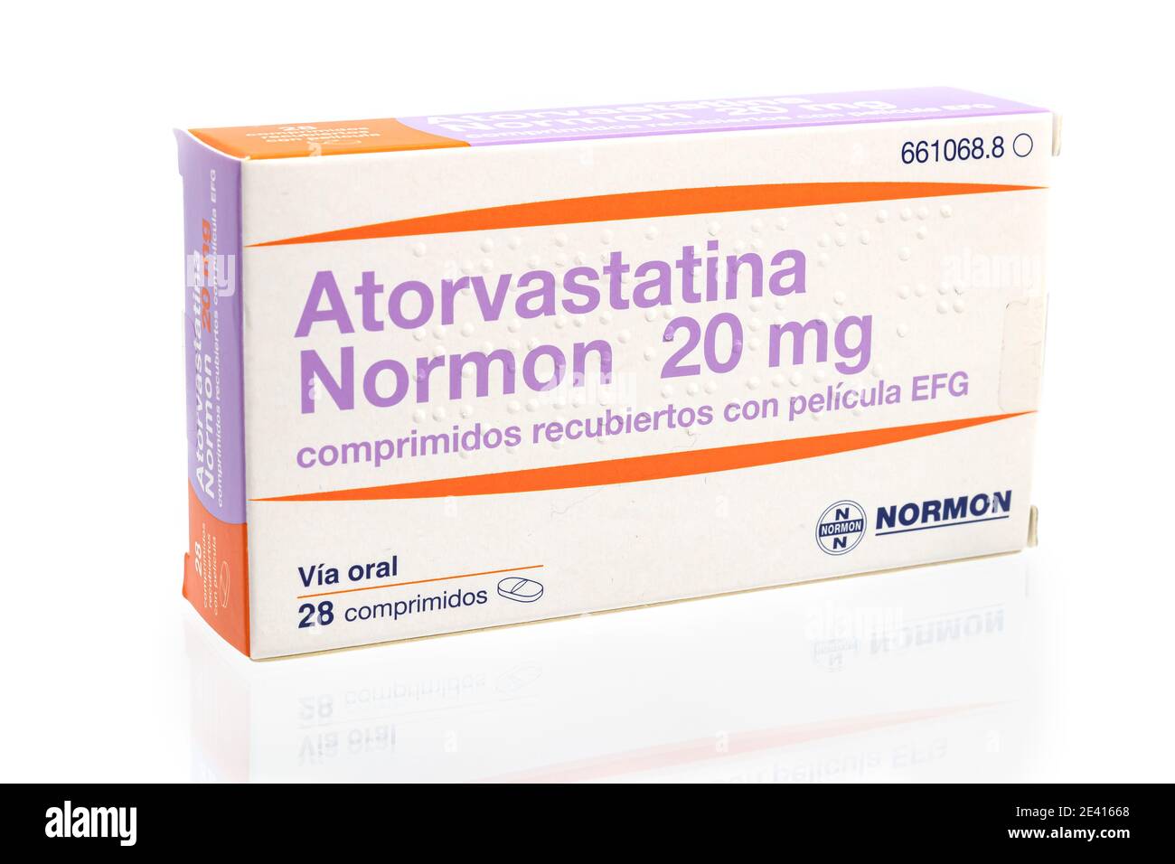 Huelva, Spain - January 21, 2021: Spanish Box of Atorvastatin brand NORMON. It is a statin medication used to prevent cardiovascular disease in those Stock Photo