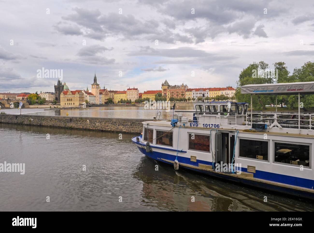 Sightseeing cruise boat, Kampa, Vltava river, Prague, Czech Republic Stock Photo