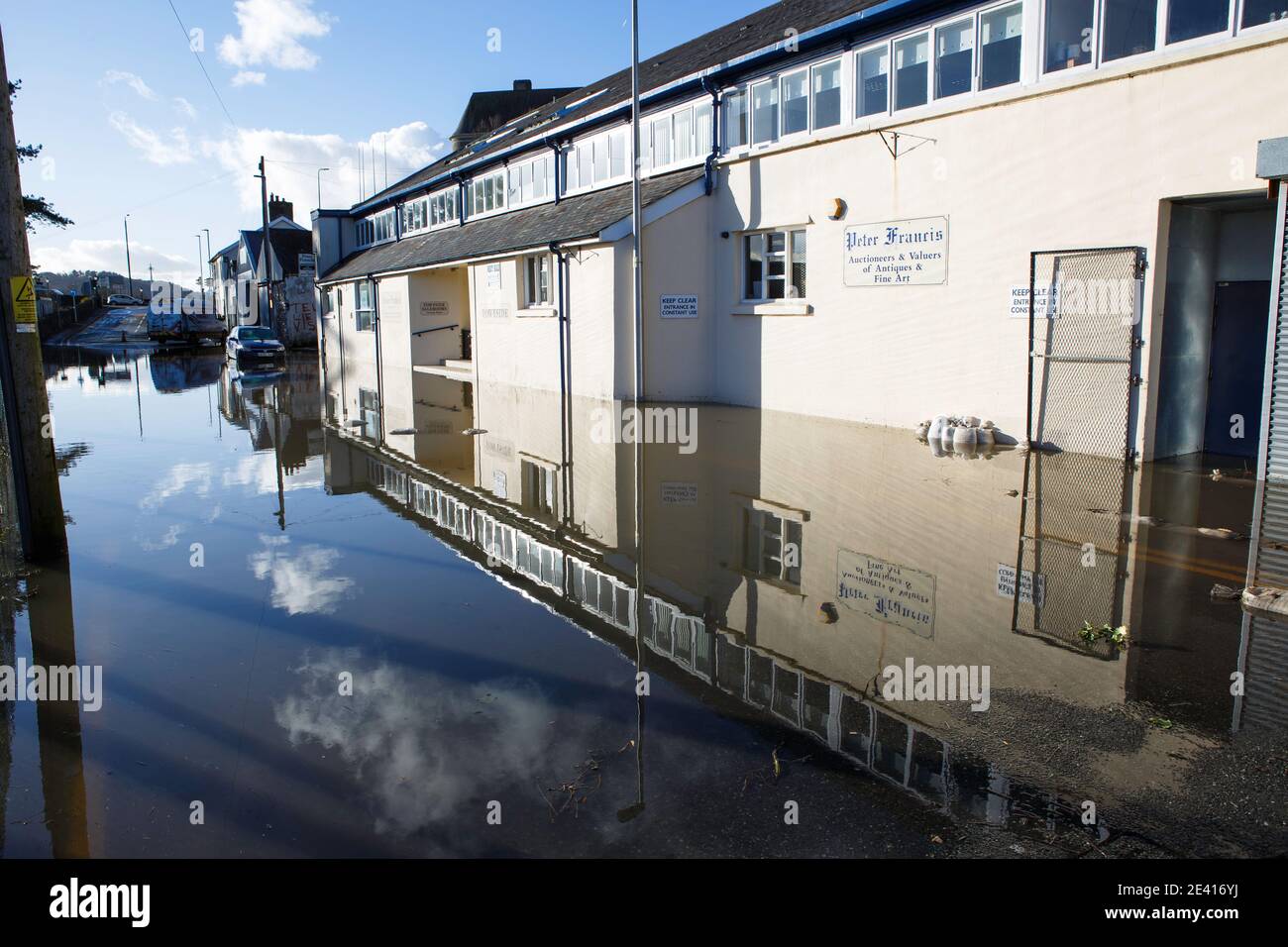 Carmarthen, Carmarthenshire, Wales, UK. 21 January, 2021. Areas of Carmarthen near the River Tywi are flooded following heavy rain brought by Storm Christoph. Credit: Gruffydd Ll. Thomas Stock Photo