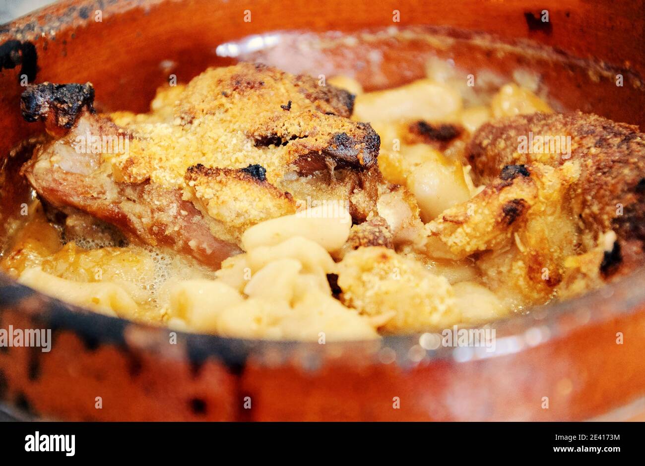Traditional Toulouse Cassoulet slowcooked casserole dish with duck