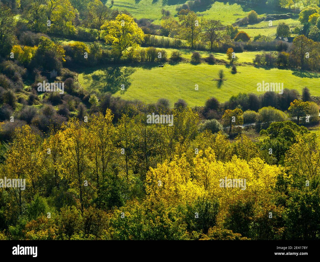 View across countryside in autumn from Cratcliffe Rocks near Birchover