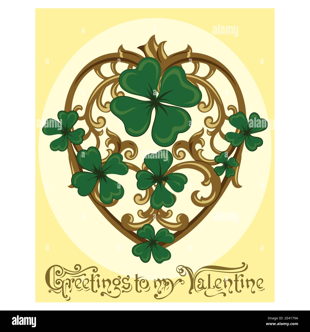 Design for Valentine's Day. Heart in floral ornament and happy clover leaves. Greeting Card Stock Vector