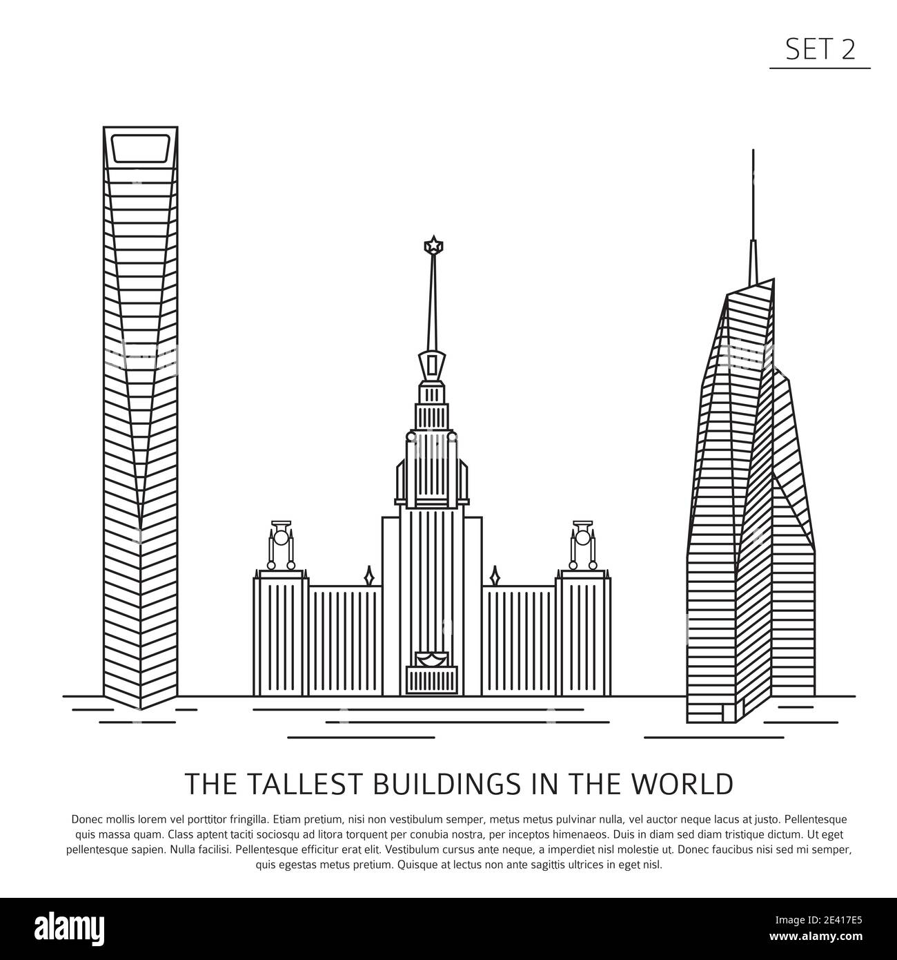 The tallest buildings in the world. Skyscrapers simple line icon set isolated on white. Vector illustration Stock Vector