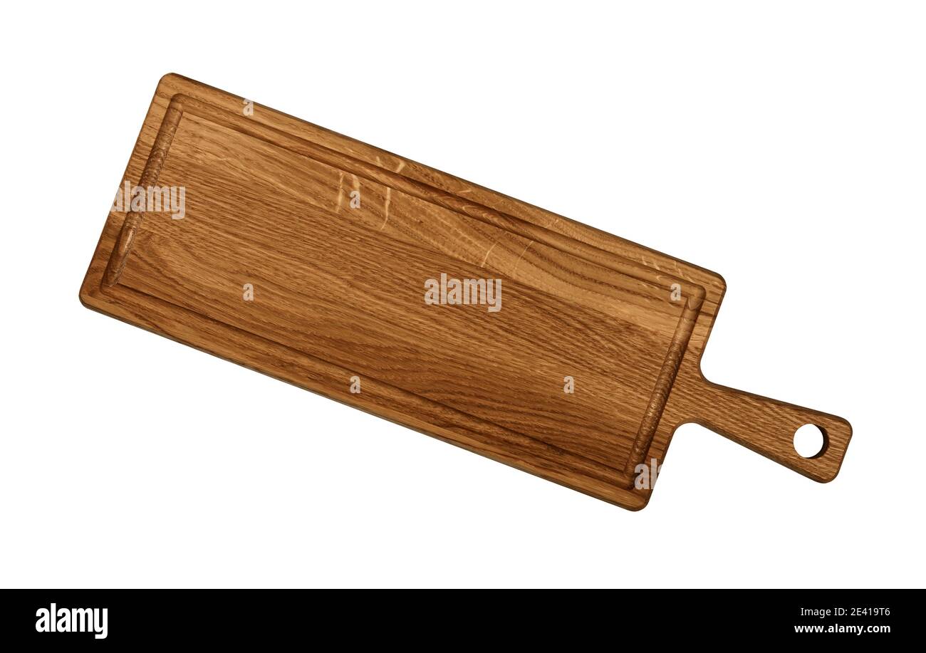 Close Up Of One Rectangle Shaped Brown Oak Wood Kitchen Cutting Board With Handle And Blood Channel Isolated On White Background Stock Photo Alamy