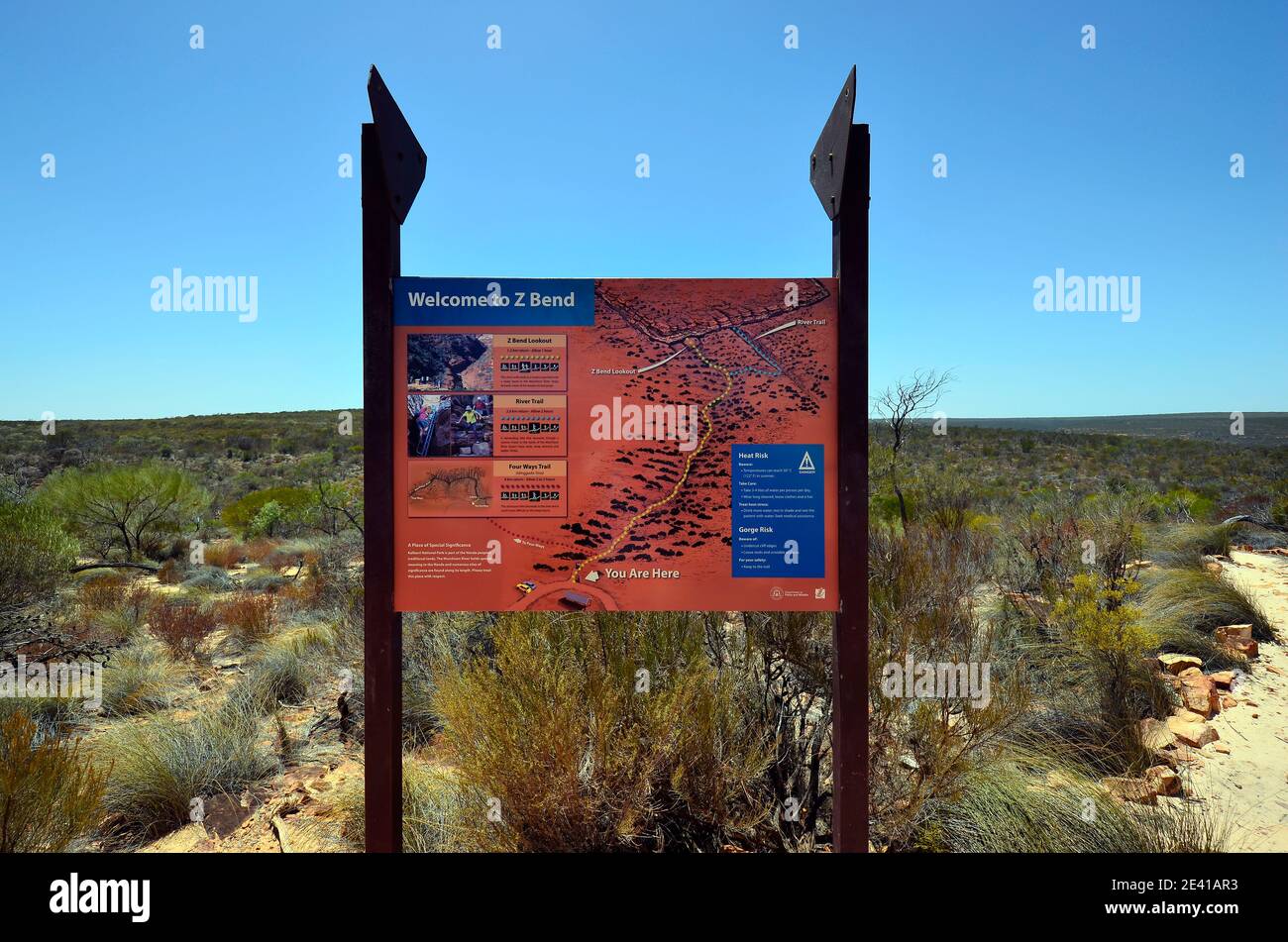 Kalbarri, WA, Australia - November 25, 2017: Board with instructions, distances and warnings in Kalbarri National Park Stock Photo