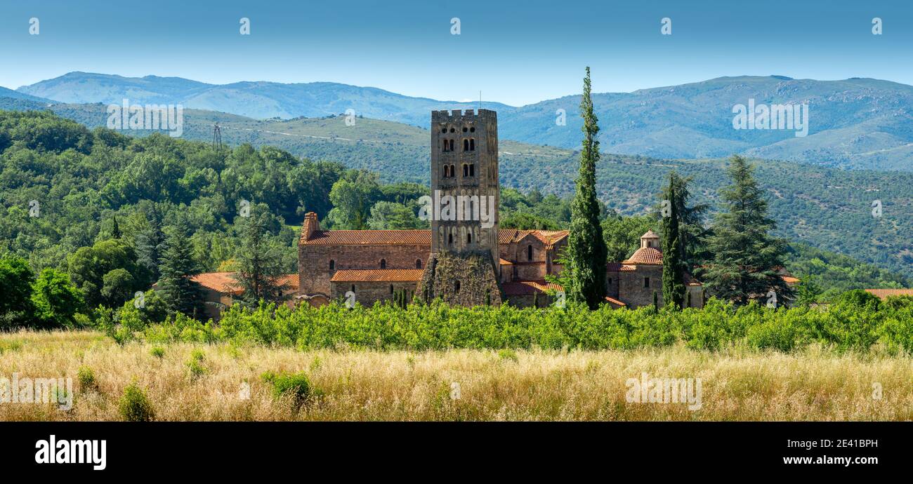 Abbey of Saint-Michel de Cuxa, Benedictine monastery located at the foot of Canigou.Occitanie,France. Stock Photo