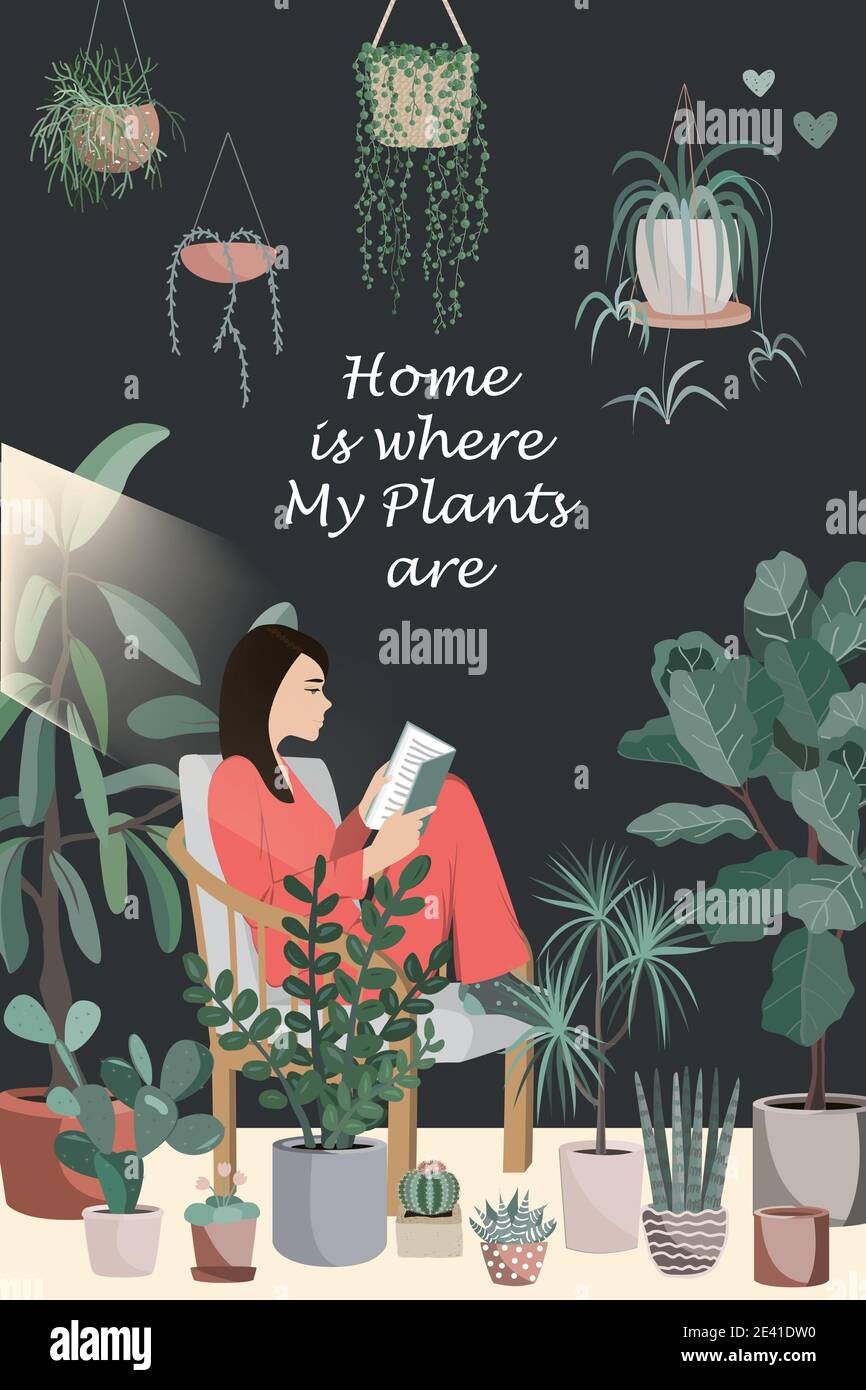 Young woman reading book on a chair in a room ful of potted plants. Home is where my plants are text. Flat style vector illustration on dark Stock Vector