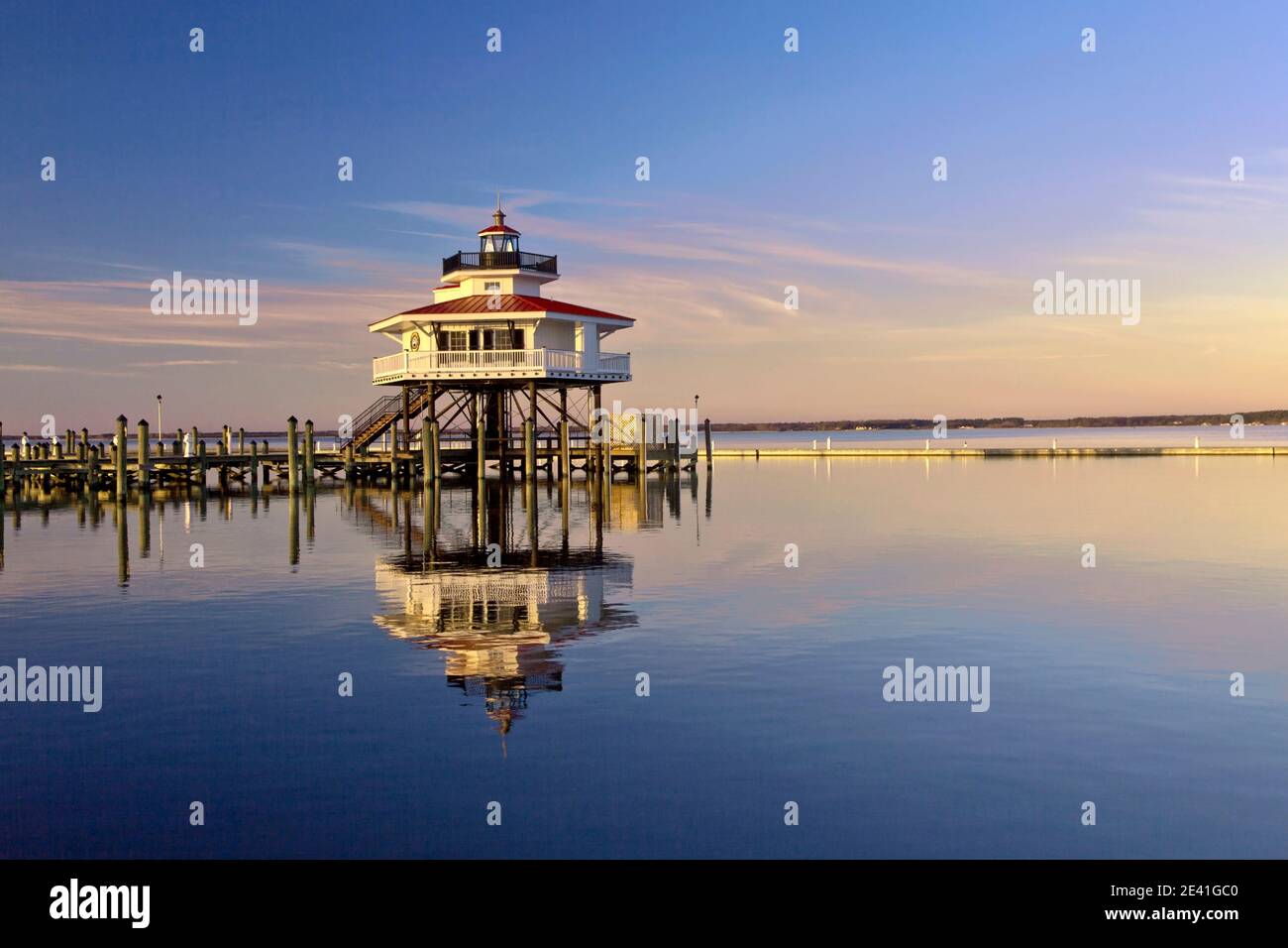 A replica of the second Choptank River Lighthouse, screw-pile lighthouse located near Oxford, in the Chesapeake Bay, Maryland, USA Stock Photo
