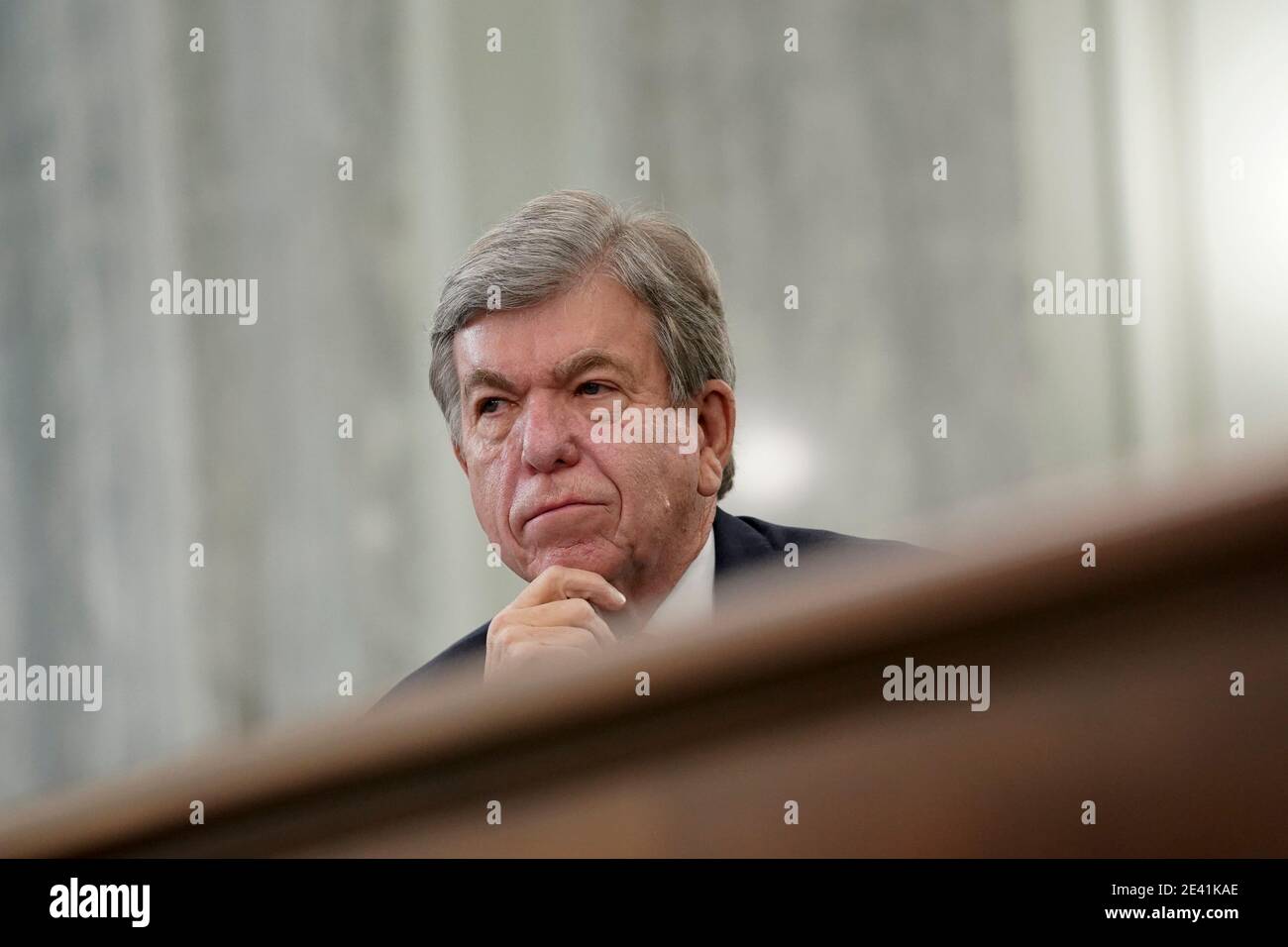 United States Senator Roy Blunt (Republican of Missouri), listens during a Senate Commerce, Science and Transportation Committee confirmation hearing for U.S. Secretary of Transportation nominee Pete Buttigieg in Washington, DC, U.S., on Thursday, Jan. 21, 2021. Buttigieg, is pledging to carry out the administration's ambitious agenda to rebuild the nation's infrastructure, calling it a 'generational opportunity' to create new jobs, fight economic inequality and stem climate change. Photographer: Stefani Reynolds/BloombergCredit: Stefani Reynolds/Pool via CNP | usage worldwide Stock Photo