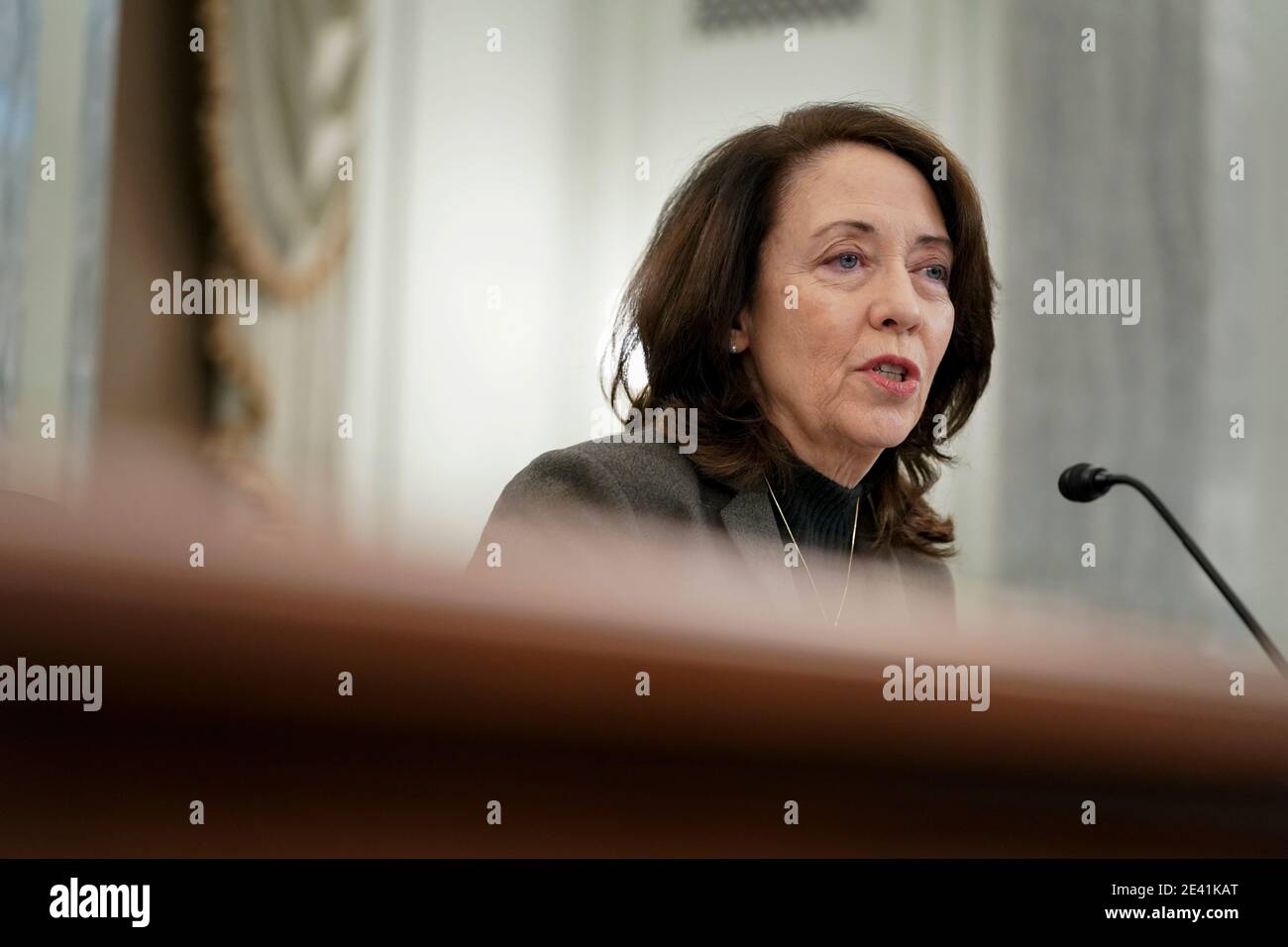 United States Senator Maria Cantwell (Democrat of Oregon), Ranking Member, US Senate Committee on Commerce, Science, & Transportation, speaks during a confirmation hearing for U.S. Secretary of Transportation nominee Pete Buttigieg in Washington, DC, U.S., on Thursday, Jan. 21, 2021. Buttigieg, is pledging to carry out the administration's ambitious agenda to rebuild the nation's infrastructure, calling it a 'generational opportunity' to create new jobs, fight economic inequality and stem climate change. Credit: Stefani Reynolds/Pool via CNP | usage worldwide Stock Photo
