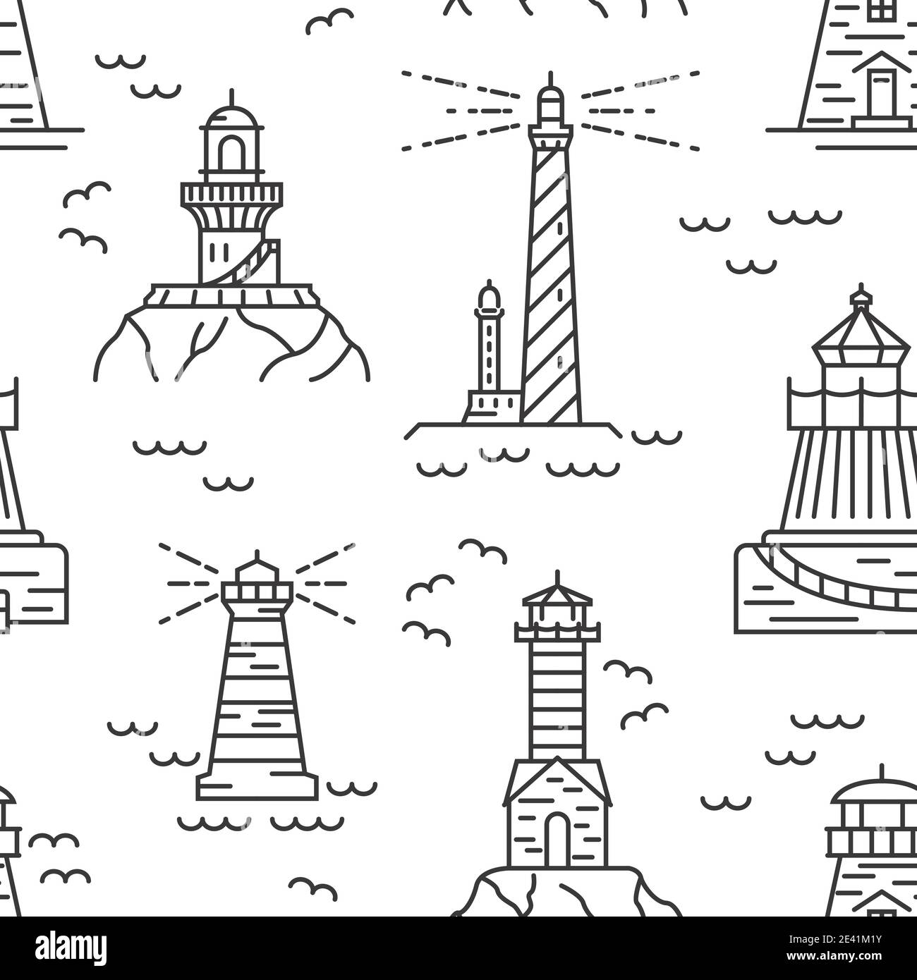 Lighthouses seamless pattern. Thin line vector design. Illustration Stock Vector