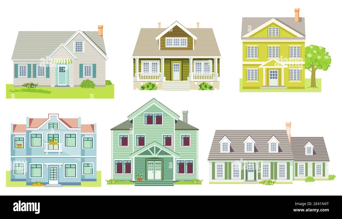 different family houses and apartment houses, country houses, wooden houses illustration Stock Vector