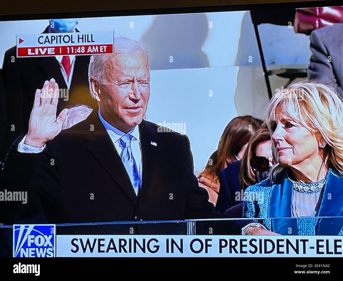 Washington, DC / USA - January 20, 2021: Fox News broadcasts live coverage of Joseph R. Biden, Jr, taking the Oath of Office as the 46th President. Stock Photo