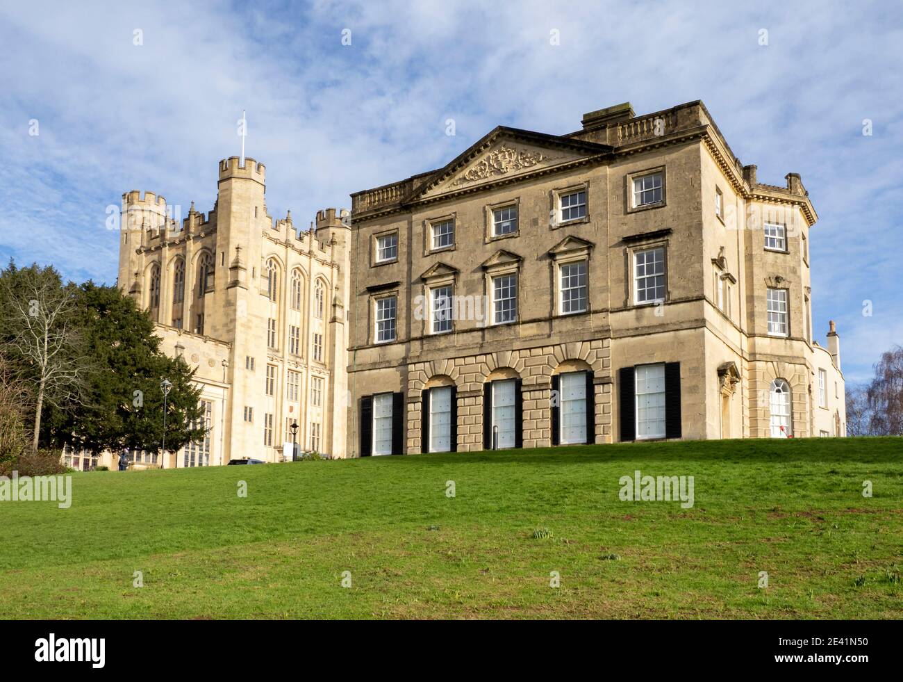 Royal Fort House and the fortress-like Physics Building at Royal Fort Gardens in the University of Bristol UK Stock Photo