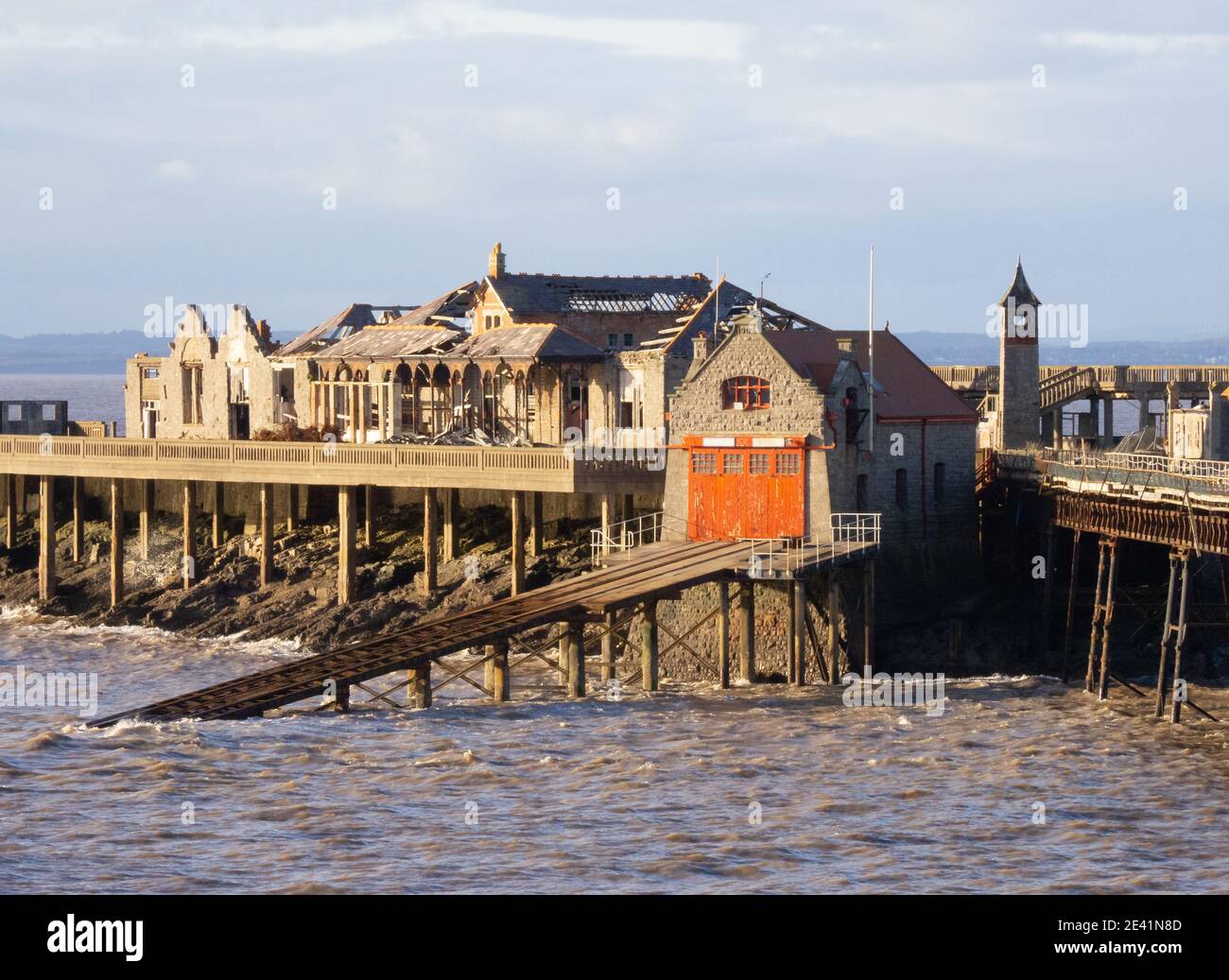 Derelict shell of the once thriving Birnbeck Pier in Weston super Mare on the Somerset coast UK Stock Photo