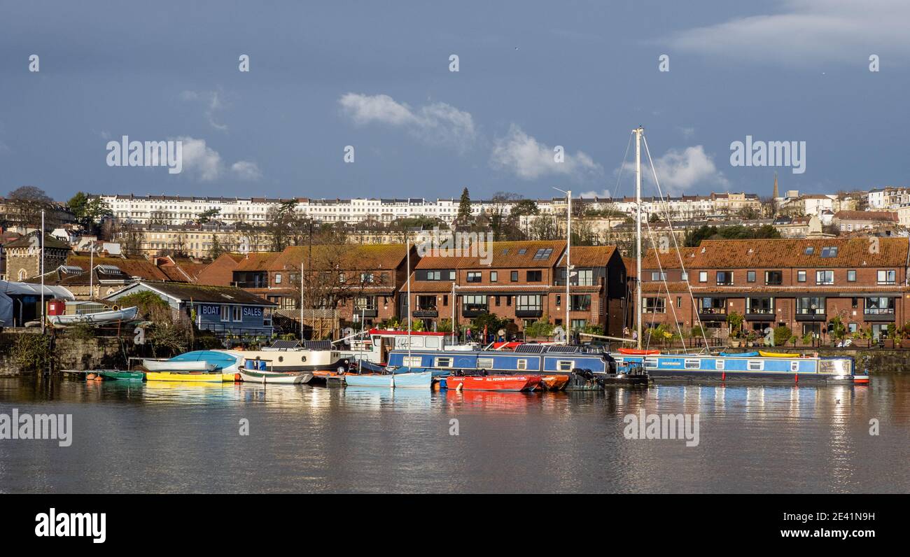 Bristol floating harbour at Hotwells with the elegant Royal York Crescent dominating the horizon Stock Photo