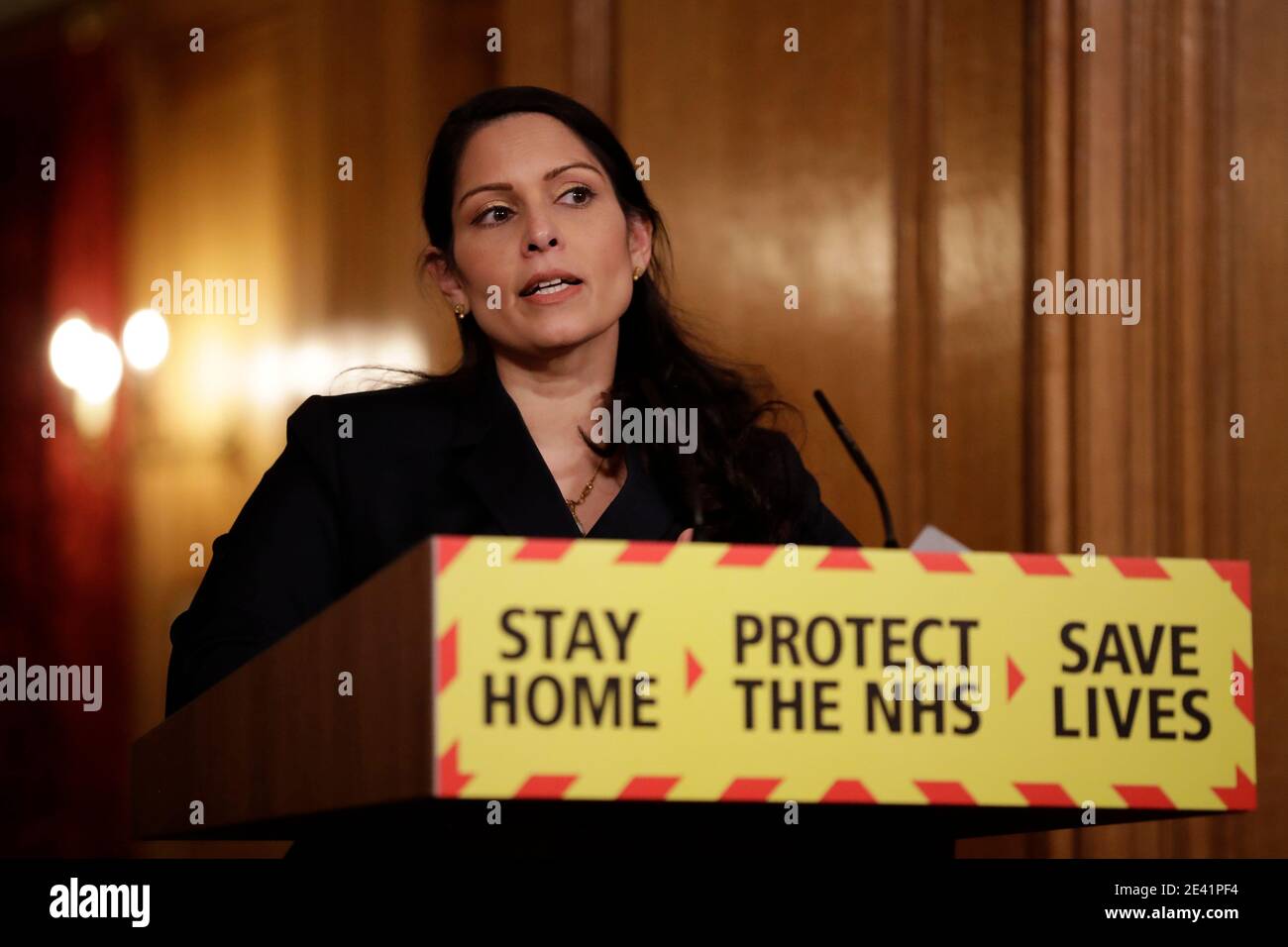 Home Secretary Priti Patel during a media briefing on coronavirus (Covid-19) in Downing Street, London. Picture date: Thursday January 21, 2021. Stock Photo