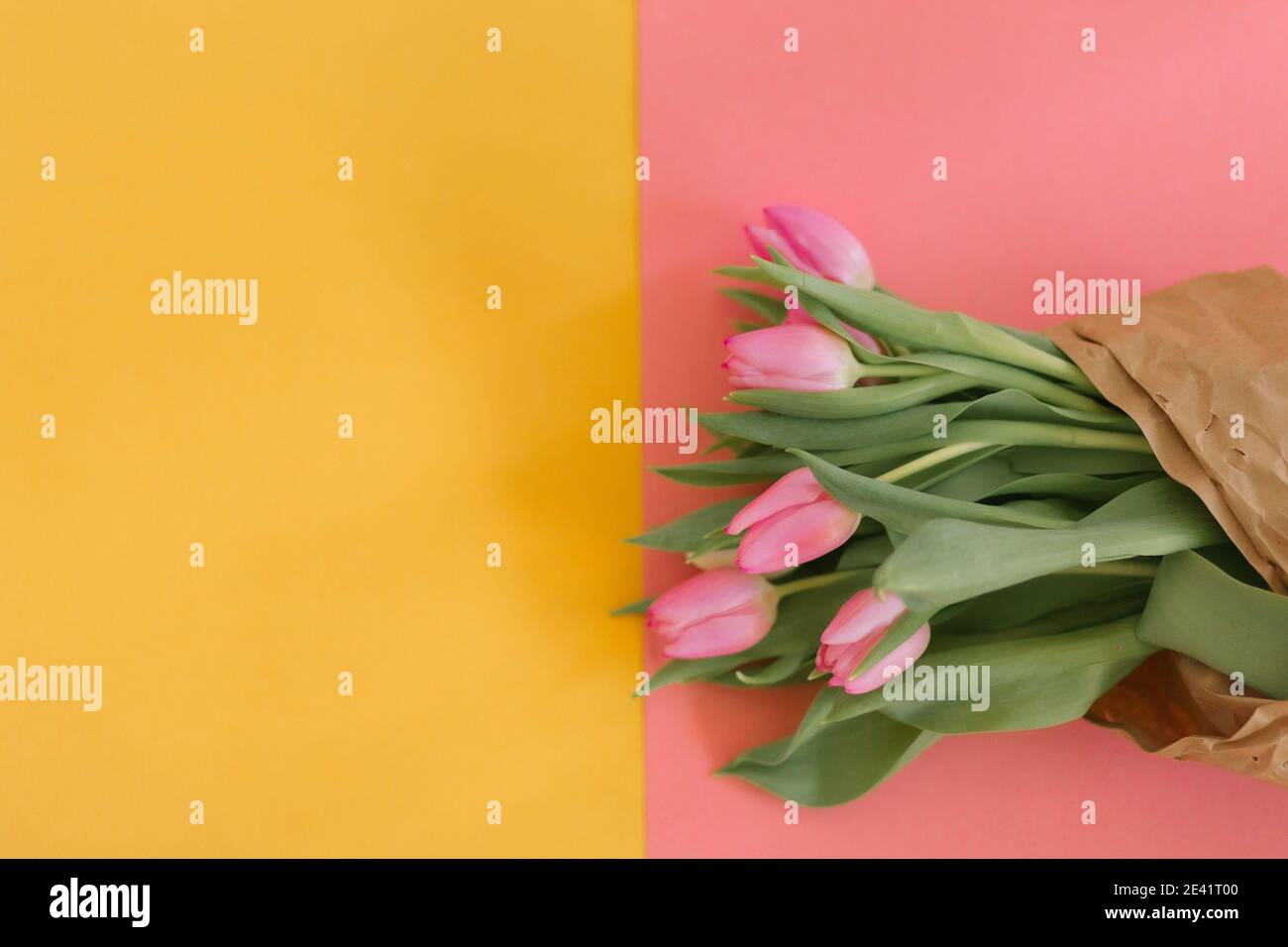 Tulips on pink and yellow for a Womens Day, Mother Day, 8 march or Valentines day. Close-up. The concept of holidays and good morning wishes. Stock Photo