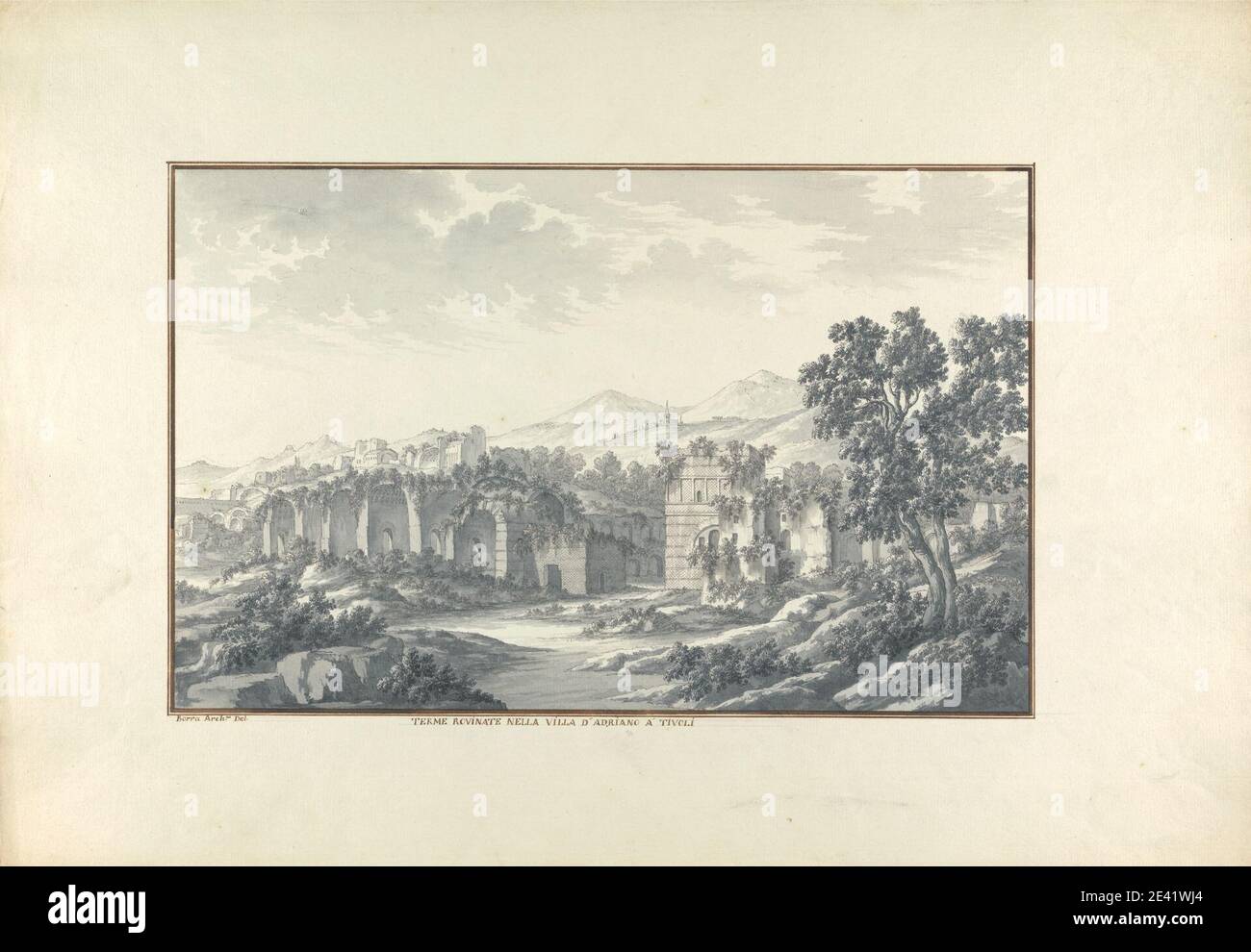 Giovanni Battista Borra, 1713â€“1770, Italian, View of the Ruined Baths at Hadrian's Villa at Tivoli, ca. 1750. Gray wash with black and brown ink over graphite on moderately thick, moderately textured, beige laid paper.   arches , architectural subject , bushes , hills , landscape , mountains , public bath , rocks (landforms) , ruins , trees. Hadrian's Villa , Italy , Lazio , Roma , Tivoli Stock Photo