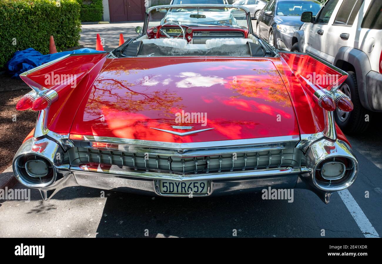 Vintage red Cadillac convertible, circa 1950's in a car park in Napa county, California, USA. Stock Photo