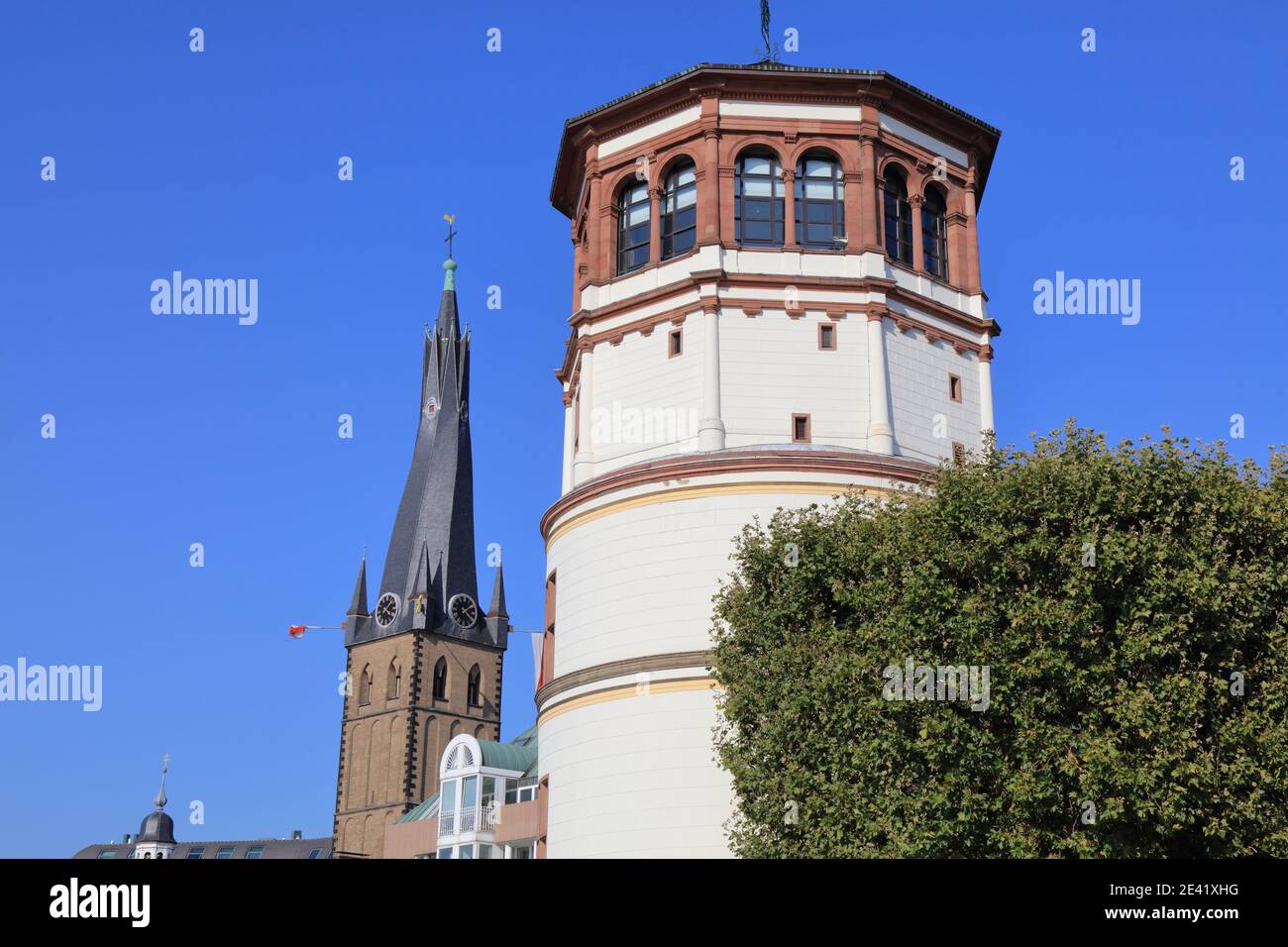 Skyline with St. Lambert Church and Old Castle Tower in Dusseldorf, Germany. Stock Photo