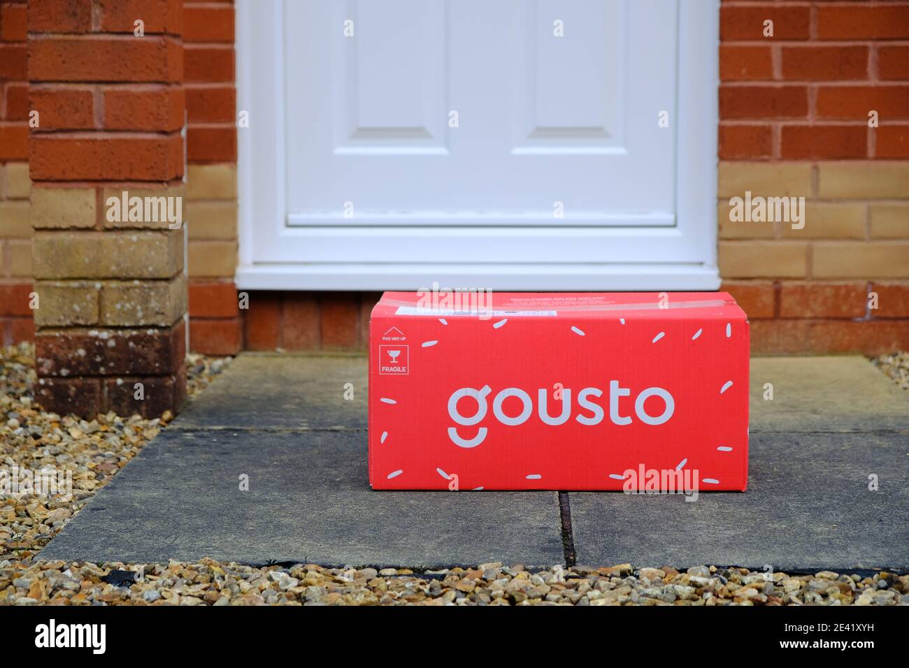 Exeter, UK-January 2021: A Gousto food delivery box in front of a doorstep in Exeter. Gousto supplies subscribers with recipe kit boxes Stock Photo