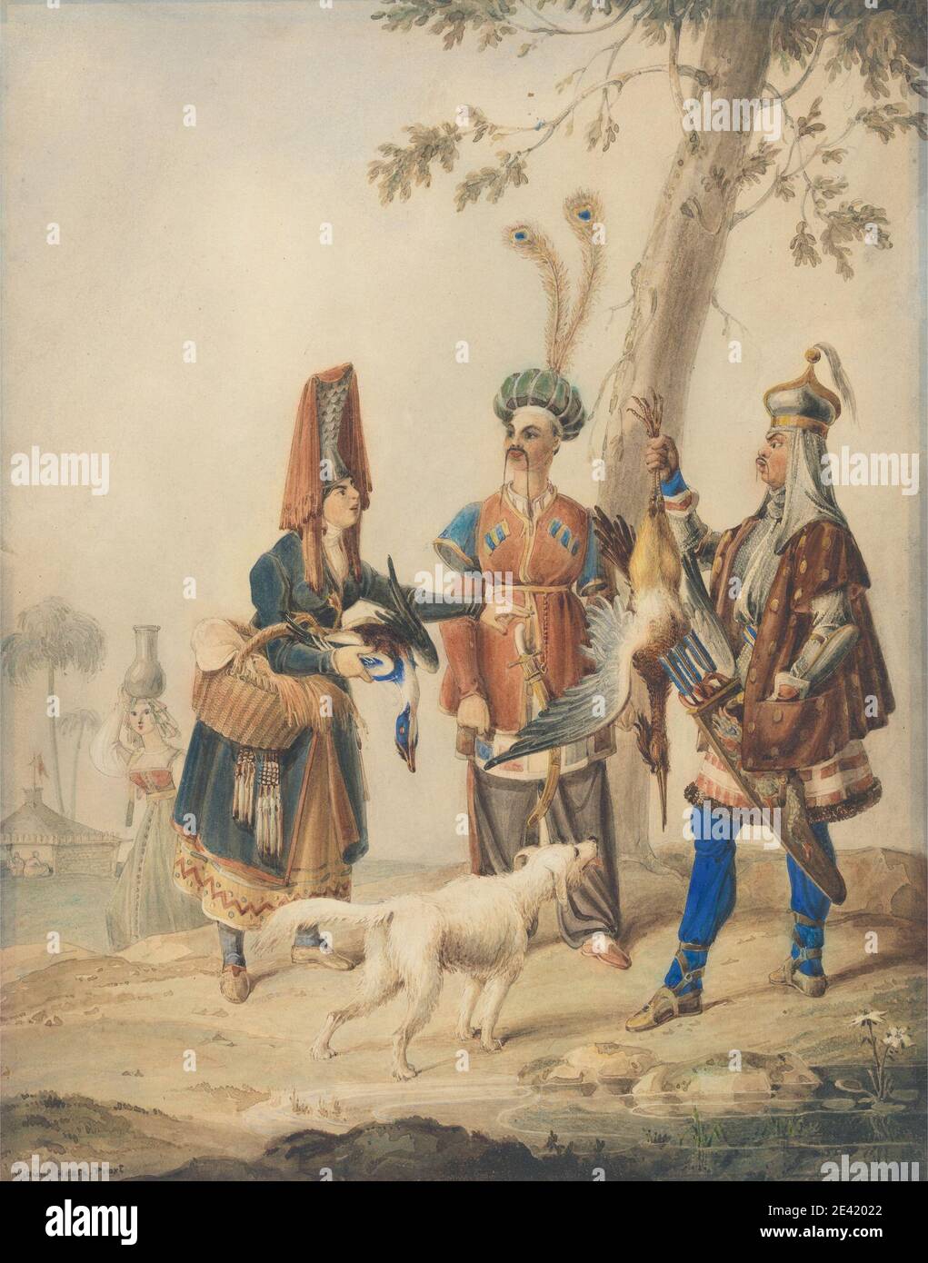 William Heath, 1795â€“1840, British, Circassians, 1824. Watercolor, with pen, in brown ink, gouache and graphite on very thick, slightly textured, beige, cardboard.   figure study Stock Photo