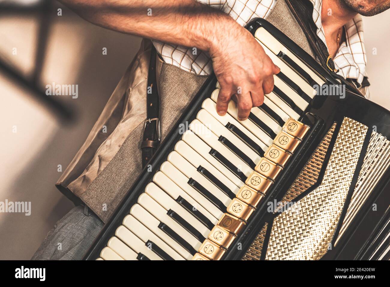 Accordionist plays accordion. Close-up photo with soft selective focus Stock Photo