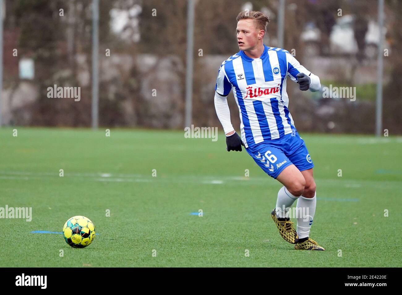 Odense, Denmark. 21st Jan, 2021. Jeppe Tverskov (6) of OB seen during a  test match between Odense Boldklub and Esbjerg fB at the training ground of  Odense Boldklub in Odense. (Photo Credit: