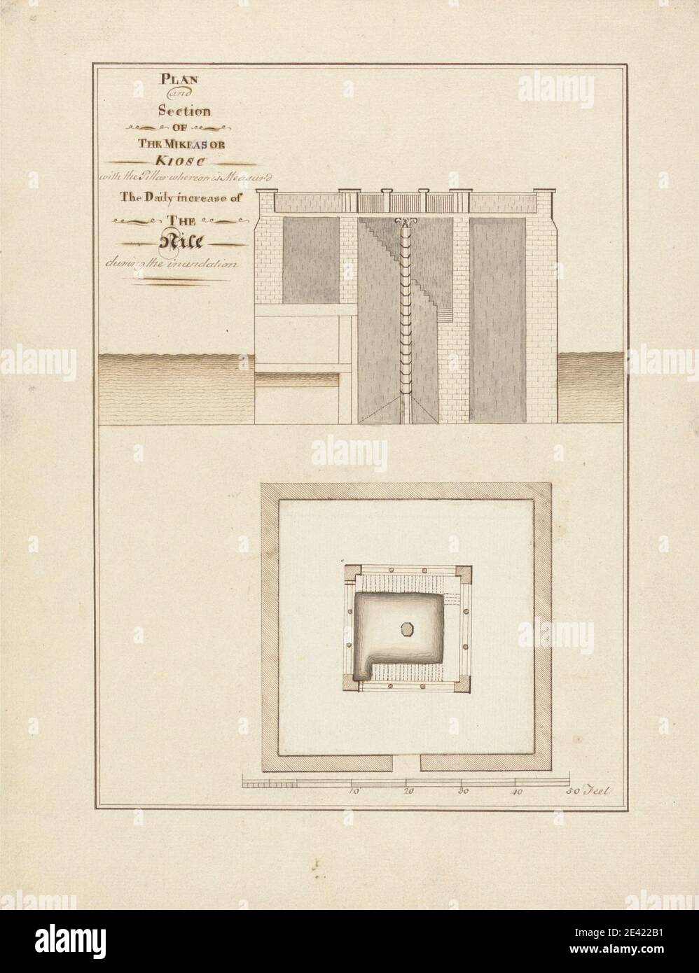 James Bruce, 1730â€“1794, British, Plan and Section of the Mikeas or Kiosc with the Pillar Where on Is Measured the Daily Increase of the Nile During Inundation, undated. Pen and brown ink, gray wash, and brown wash on moderately thick, moderately textured, cream laid paper.   architectural subject Stock Photo