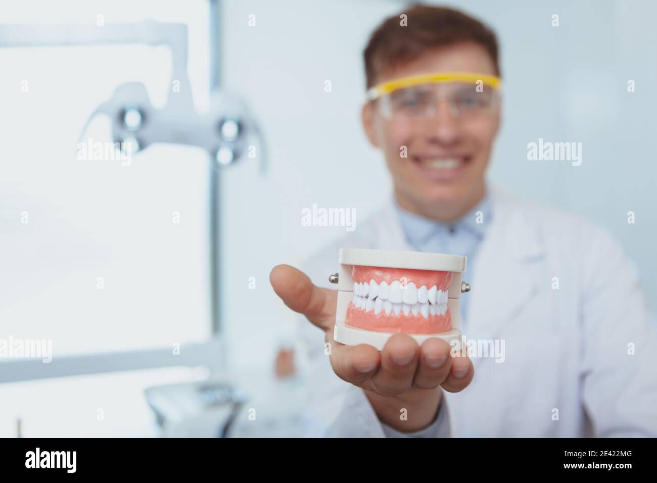 Teeth care, dental checkup concept. Close up of a jaw model on the hands of a cheerful male
