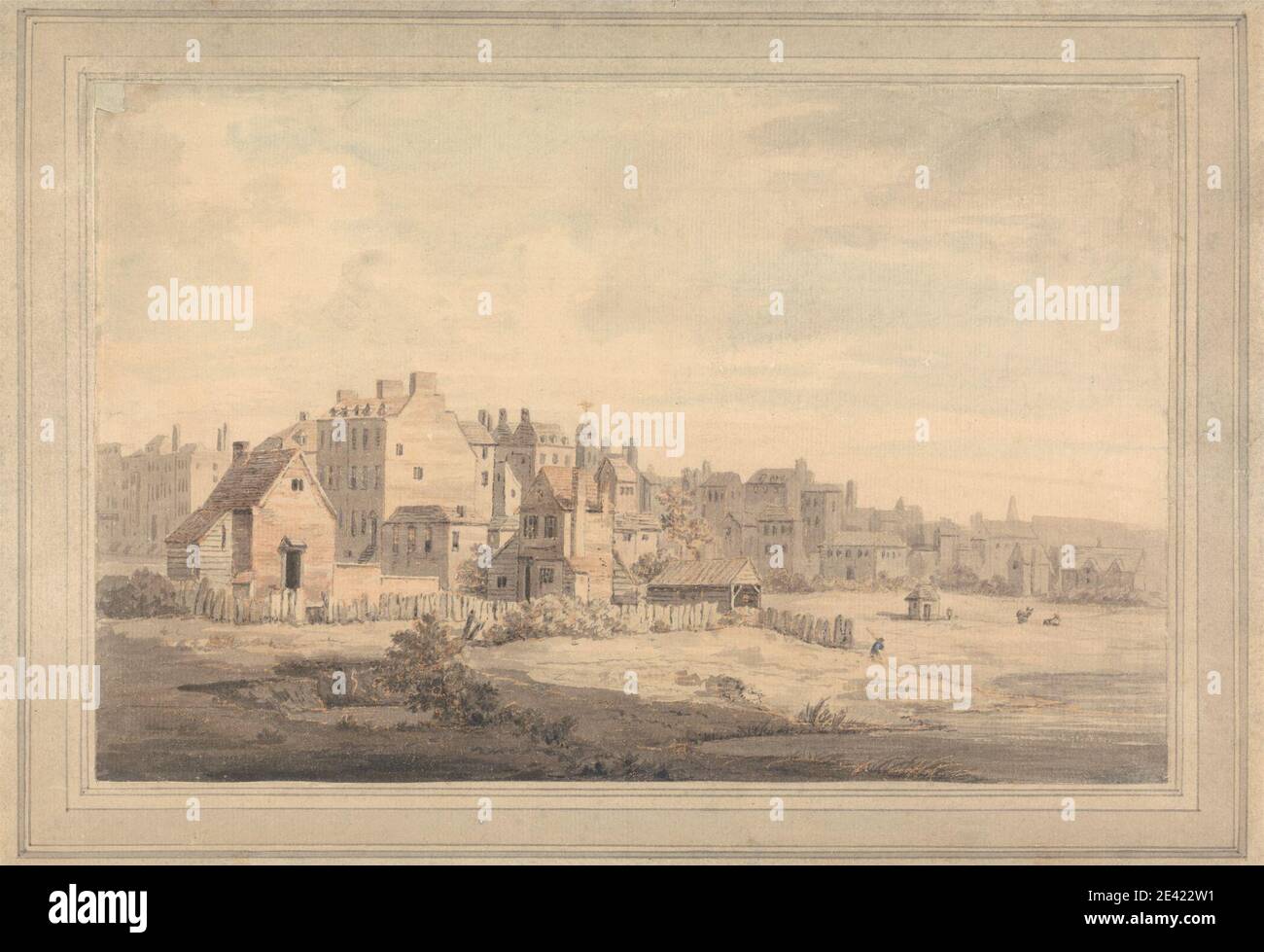 William Marlow, 1740â€“1813, British, Houses by the Riverside, undated. Watercolor and graphite on medium, slightly textured, cream laid paper.   cityscape , fence , houses , riverbank , rooftops Stock Photo